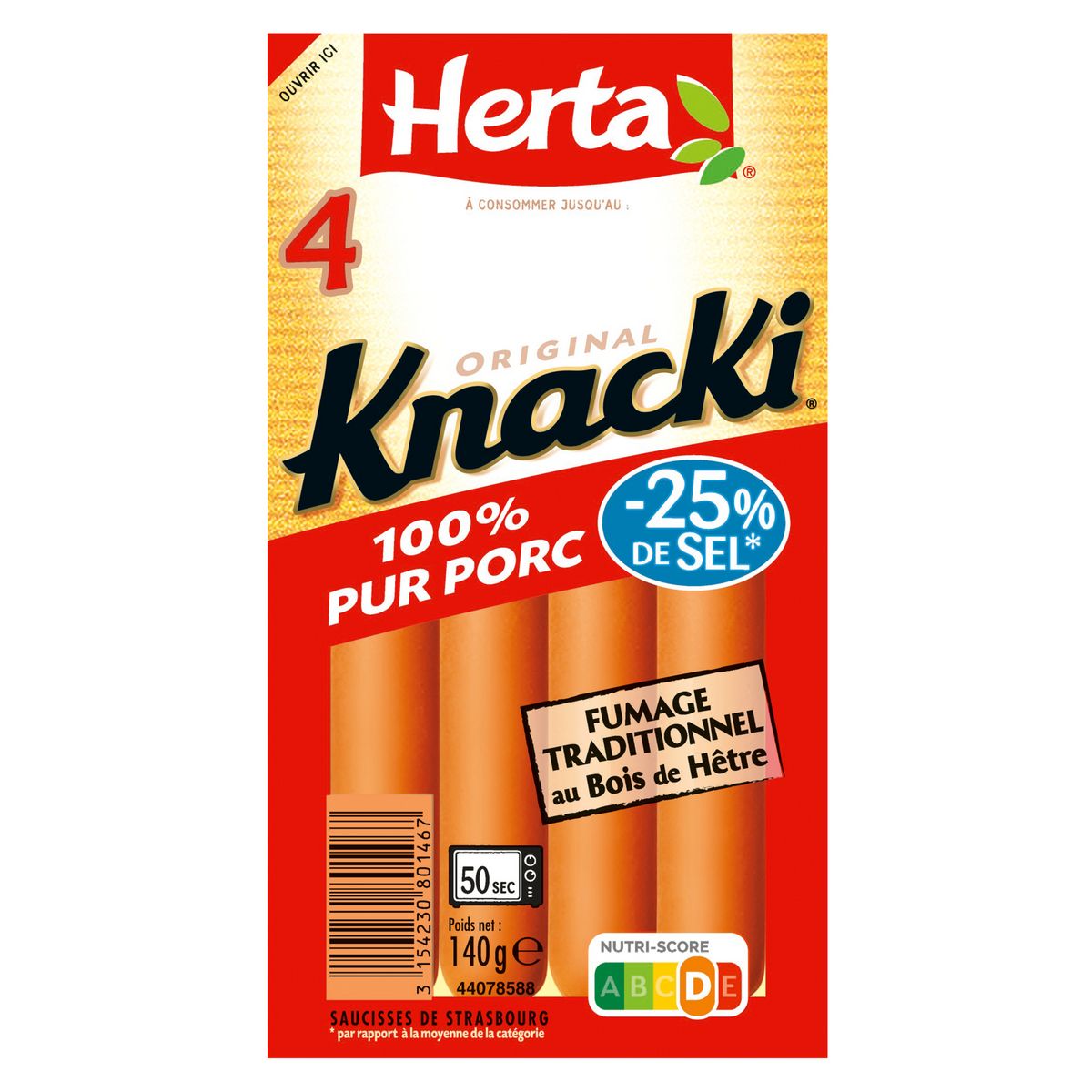 HERTA Knacki saucisse réduit en sel pur porc 4 pièces 140g