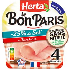 HERTA Le Bon Paris Jambon cuit au torchon réduit en sel sans nitrite 4 tranches 4 tranches - 140g