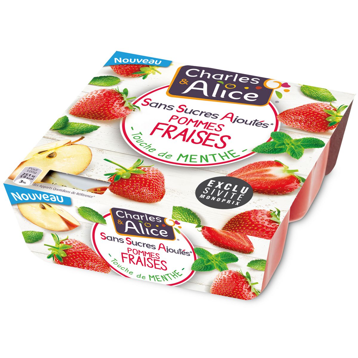 CHARLES & ALICE Dessert pomme fraise touche de menthe sans sucres ajoutés 4x97g