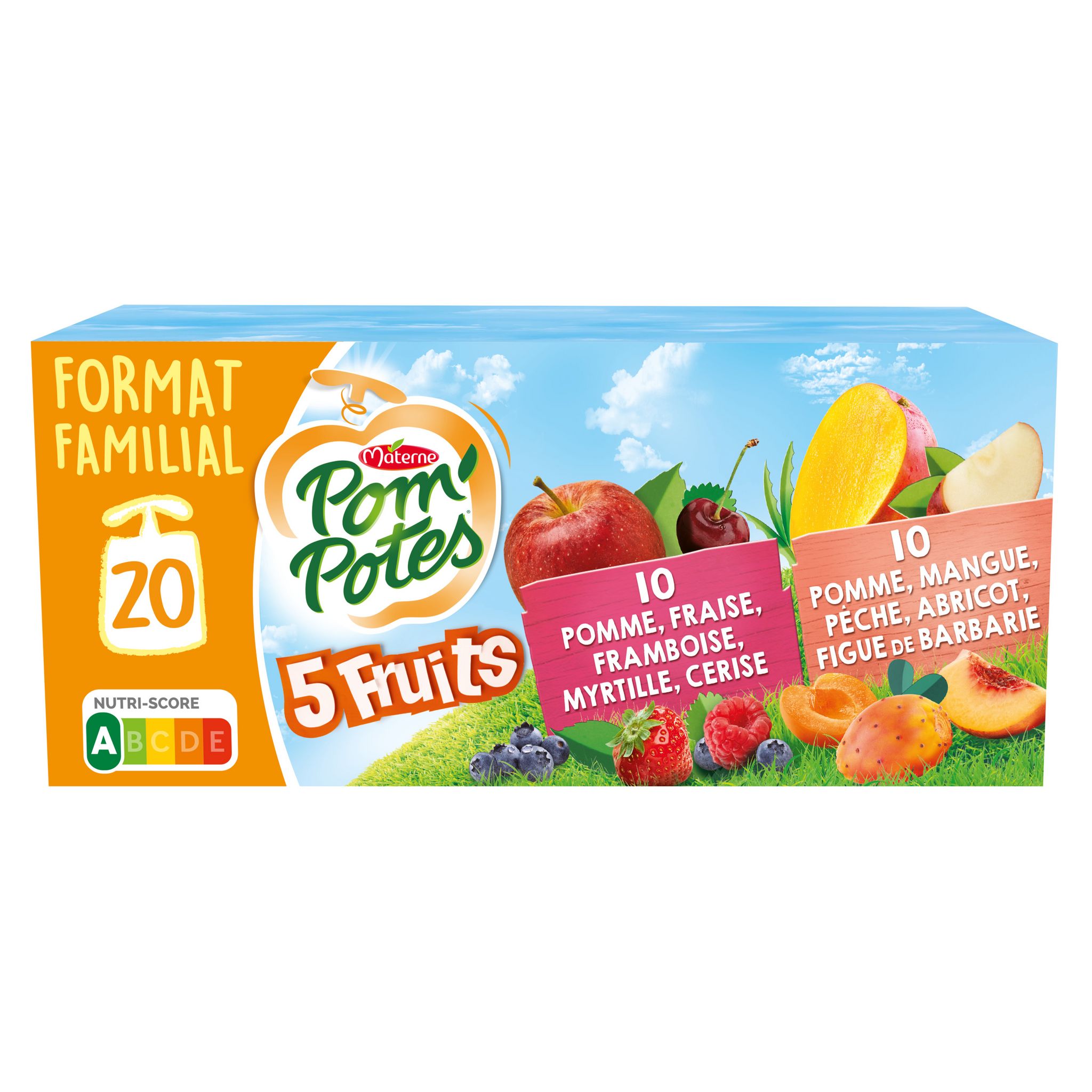 POM'POTES Gourdes 5 fruits pomme fraise framboise myrtille cerise et pomme  mangue pèche abricot figue de Barbare 20 gourdes 1080g pas cher 