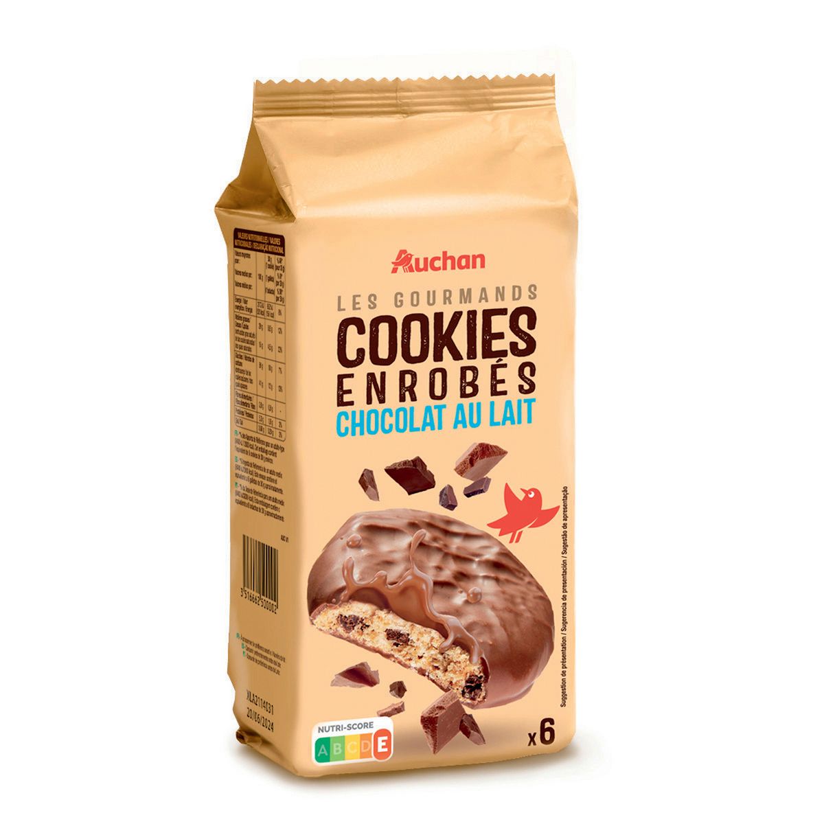 AUCHAN Cookies enrobés de chocolat au lait 6 pièces 180g