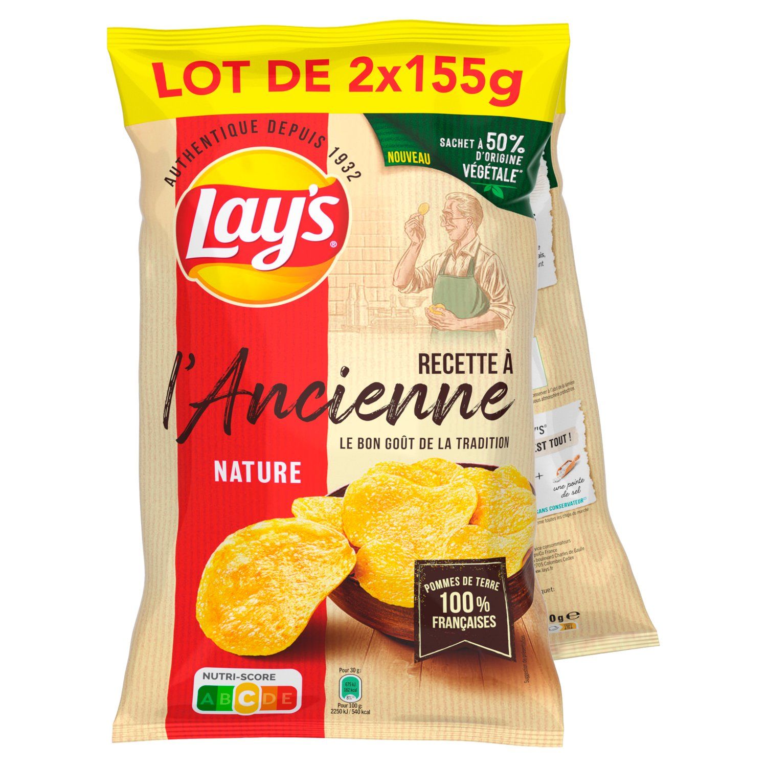 LAY'S Chips à l'ancienne nature lot de 2 2x155g pas cher 