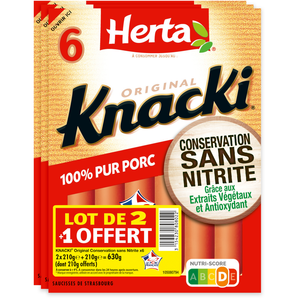 HERTA Knacki pur porc 630g x2+1 offert