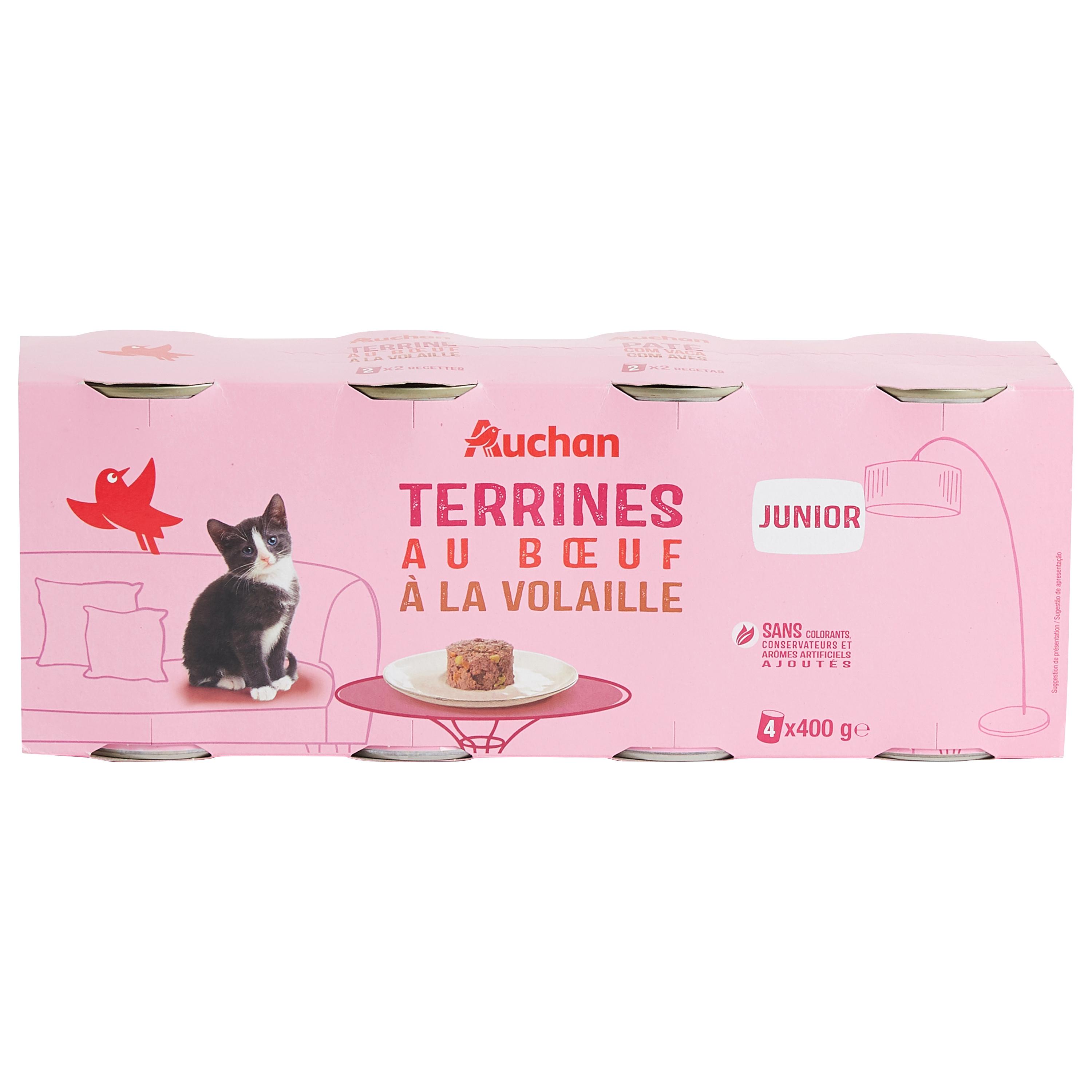 Pâtée pour chat Junior en terrine au lapin, au bœuf, à la volaille & canard  CARREFOUR : Le lot de 4 boîtes de 400g à Prix Carrefour