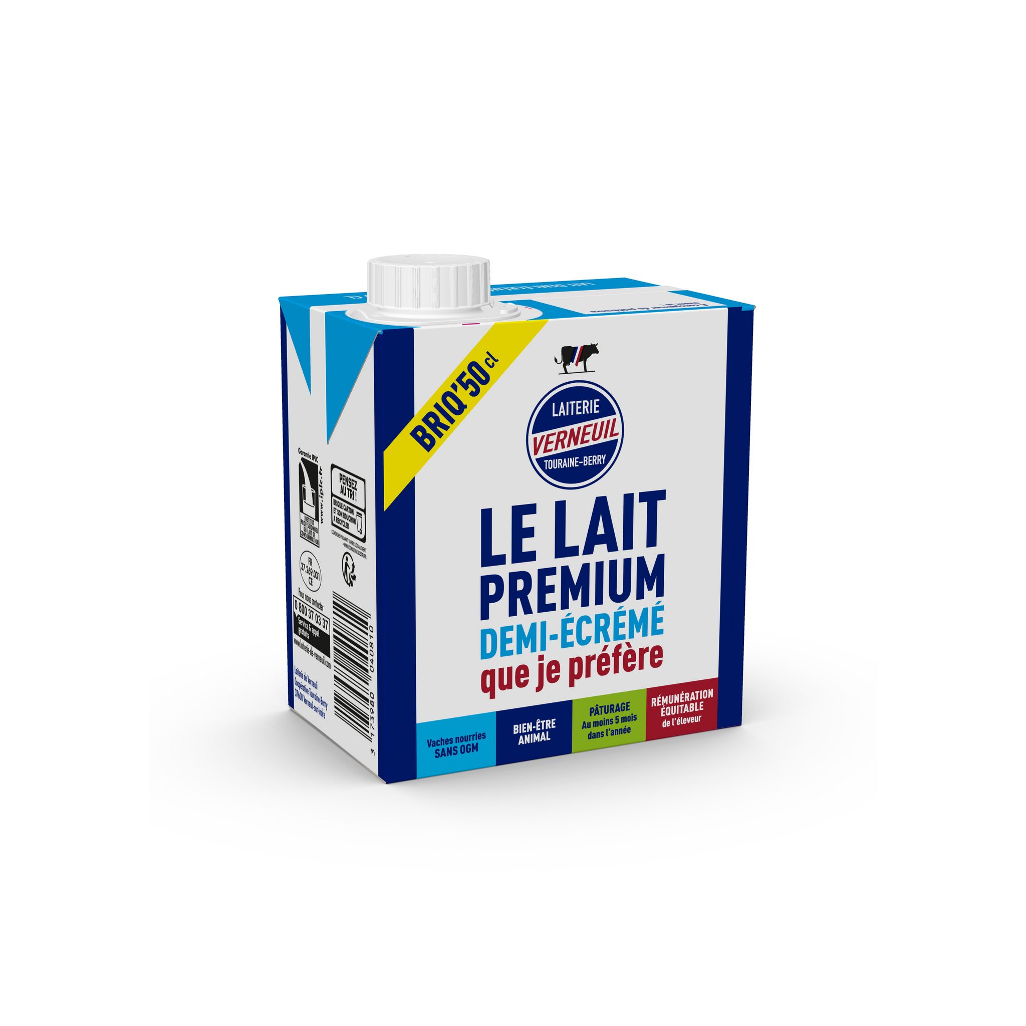 Lait 1/2 écrémé UHT brique 1L, Laits de vache