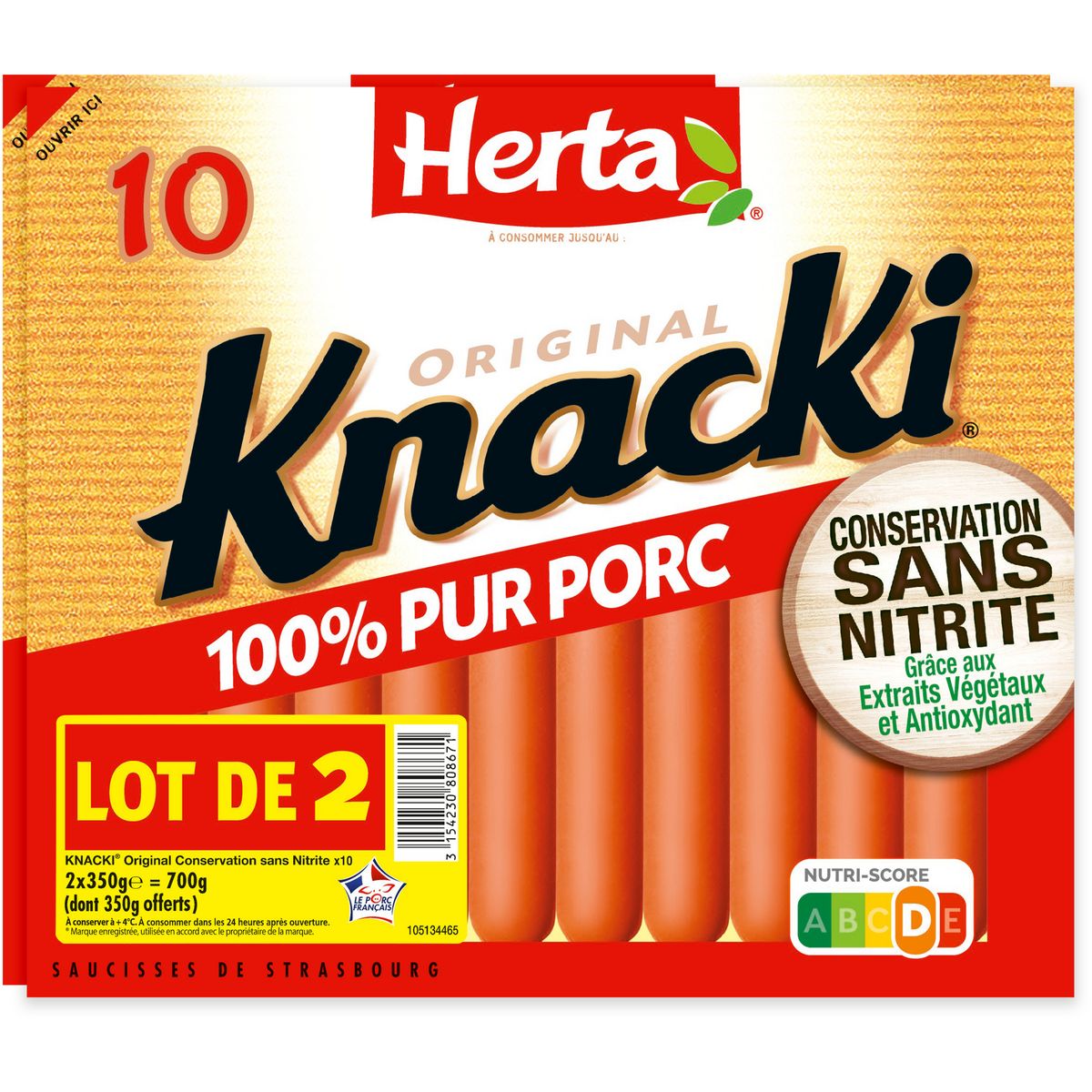 HERTA Knacki pur porc sans nitrite 2x10 pièces 700g