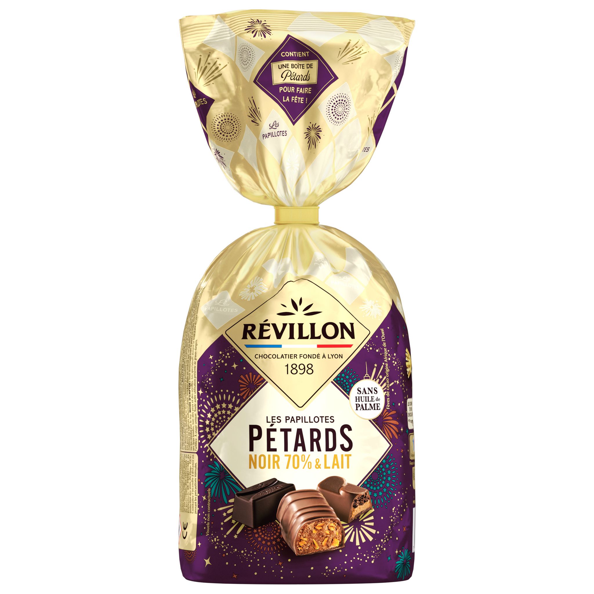 REVILLON CHOCOLATIER Les Papillotes pétards au chocolat noir 70% et lait  environ 32 pièces 370g pas cher 