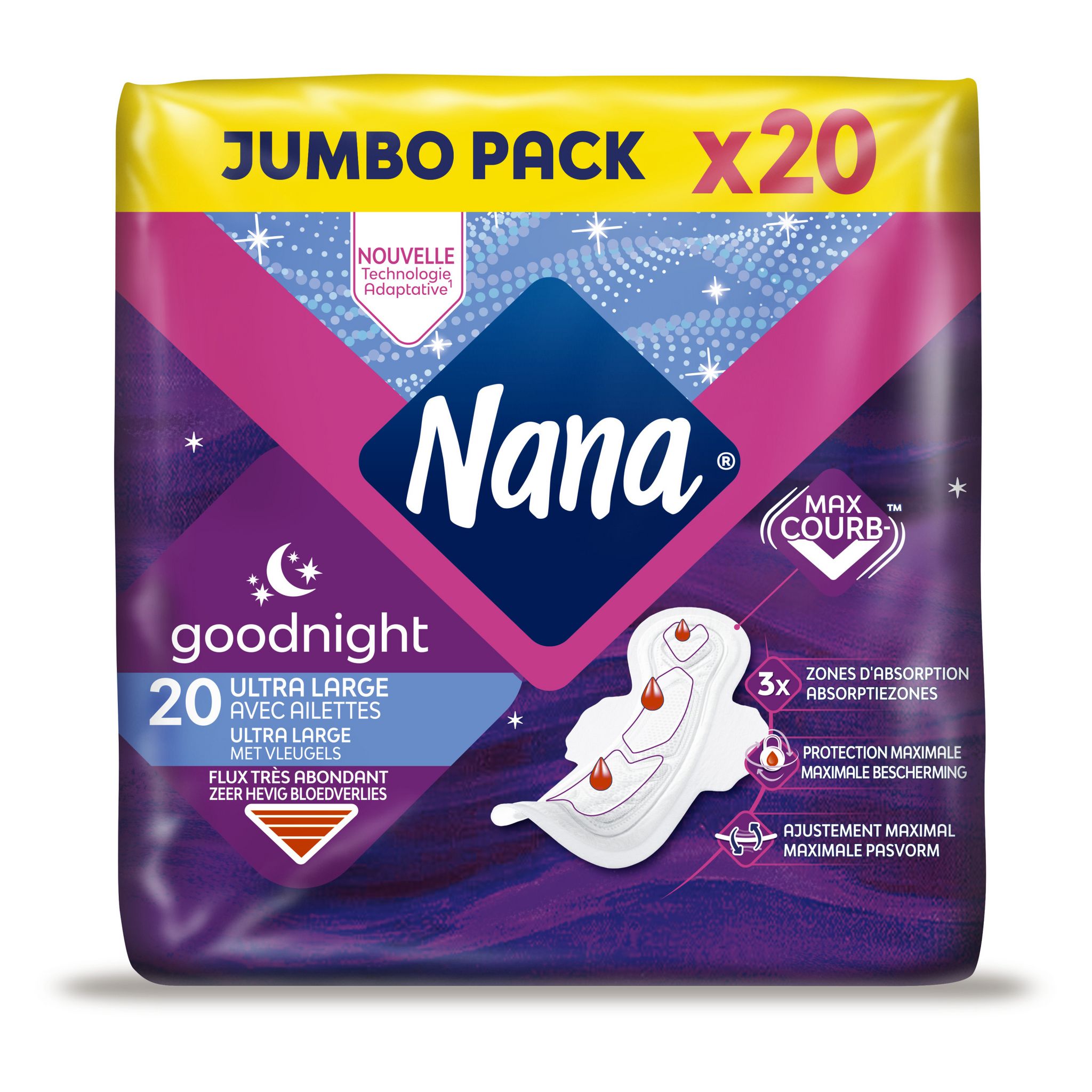 NANA Goodnight serviettes hygiéniques nuit avec ailettes 20 serviettes pas  cher 