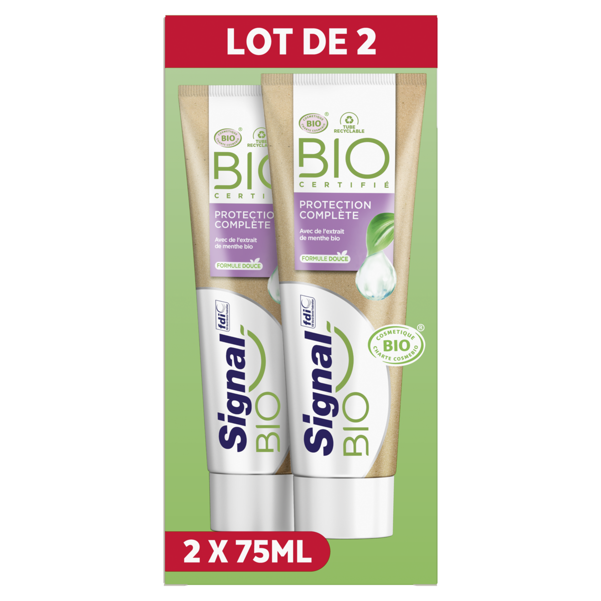 SIGNAL BIO Dentifrice protection complète à l'extrait de menthe bio lot de 2 pièces 2x75ml