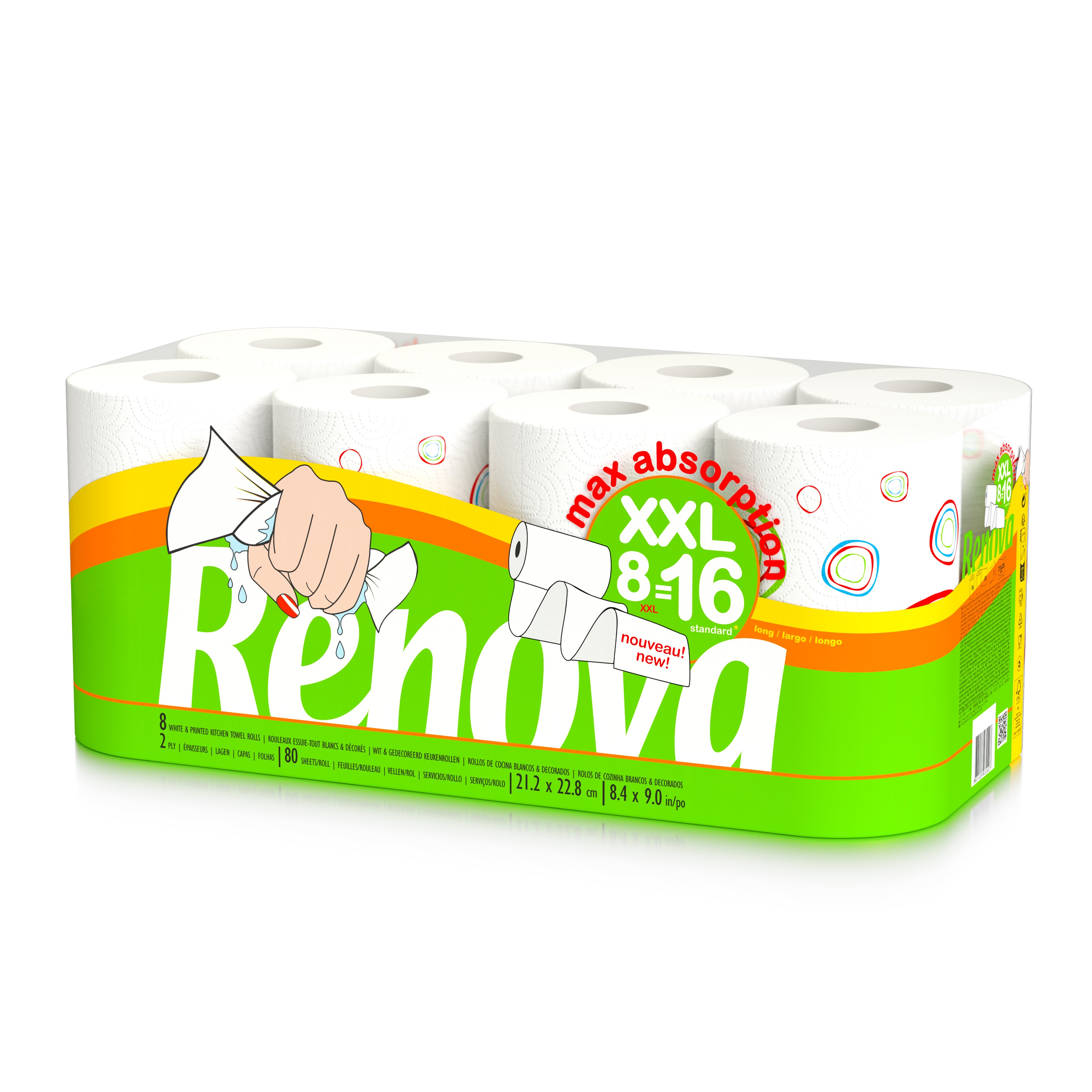 RENOVA Essuie tout blanc décoré maxi absorption 8rouleaux XXL =16 pas cher  