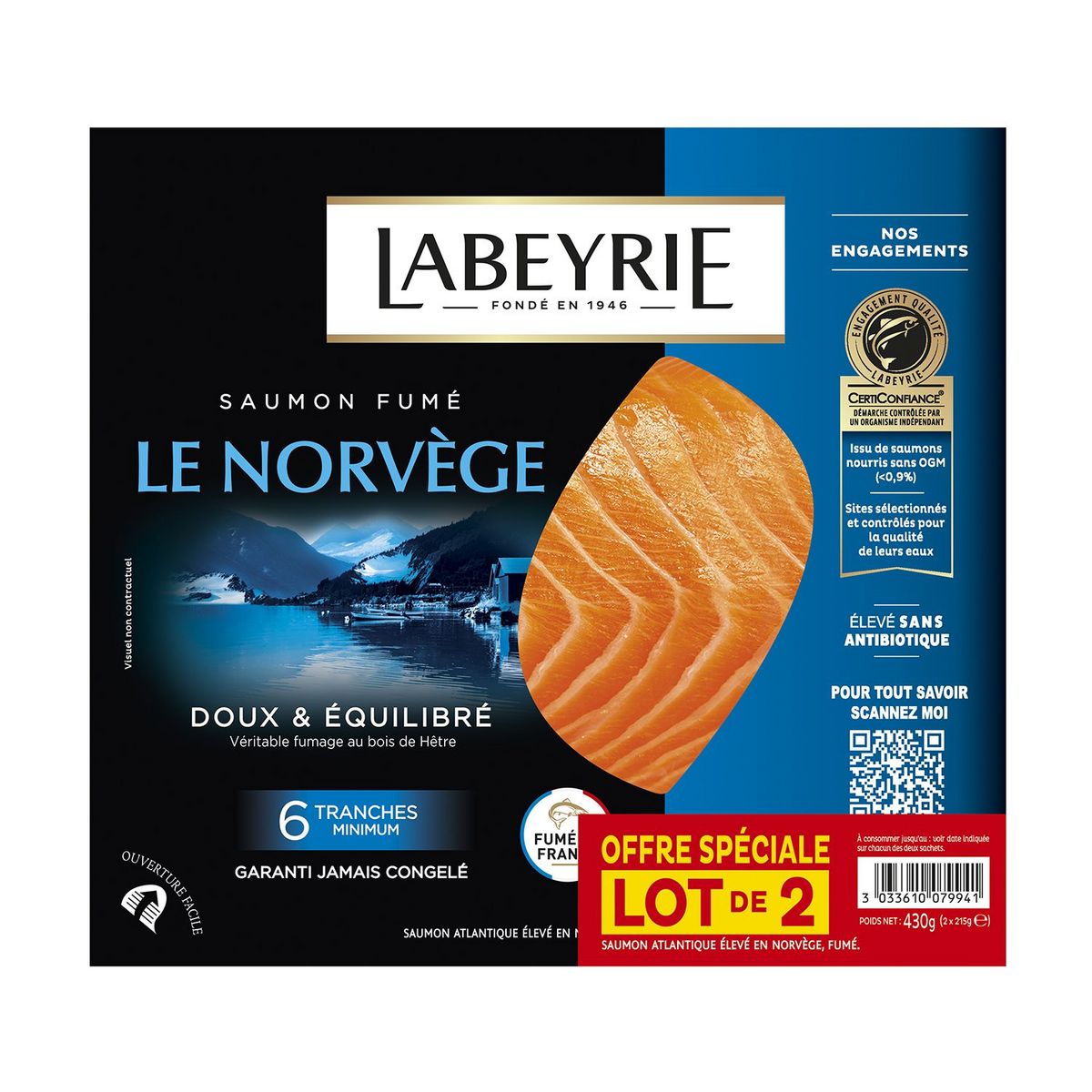 LABEYRIE Saumon fumé de Norvège 12 tranches 2x215g