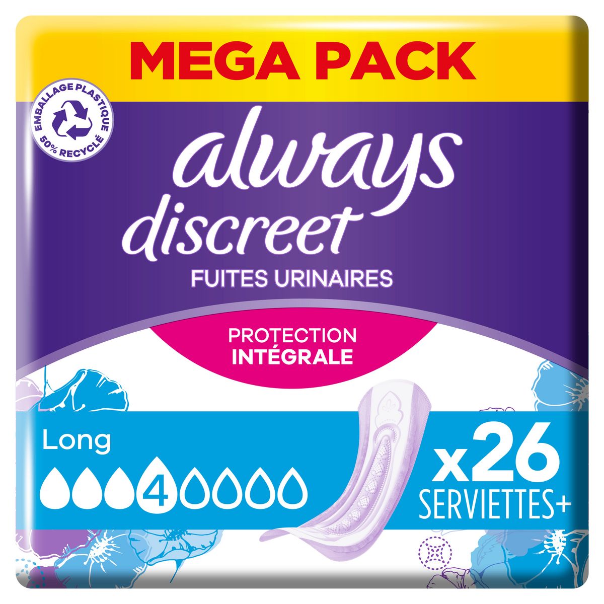 ALWAYS Discreet serviettes long pour fuites urinaires 26 serviettes