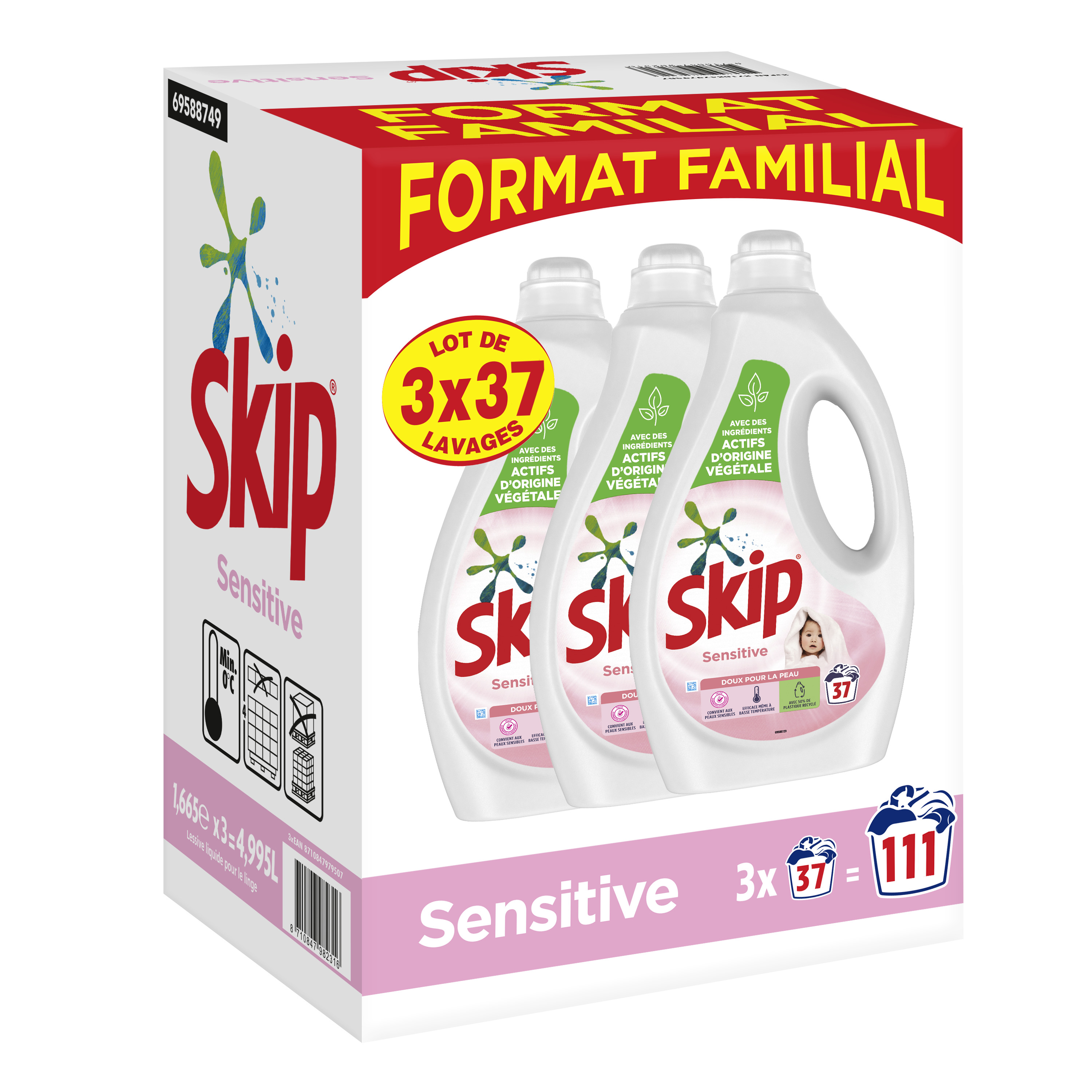 SKIP Sensitive Lessive liquide 111 lavages 4,995L pas cher 