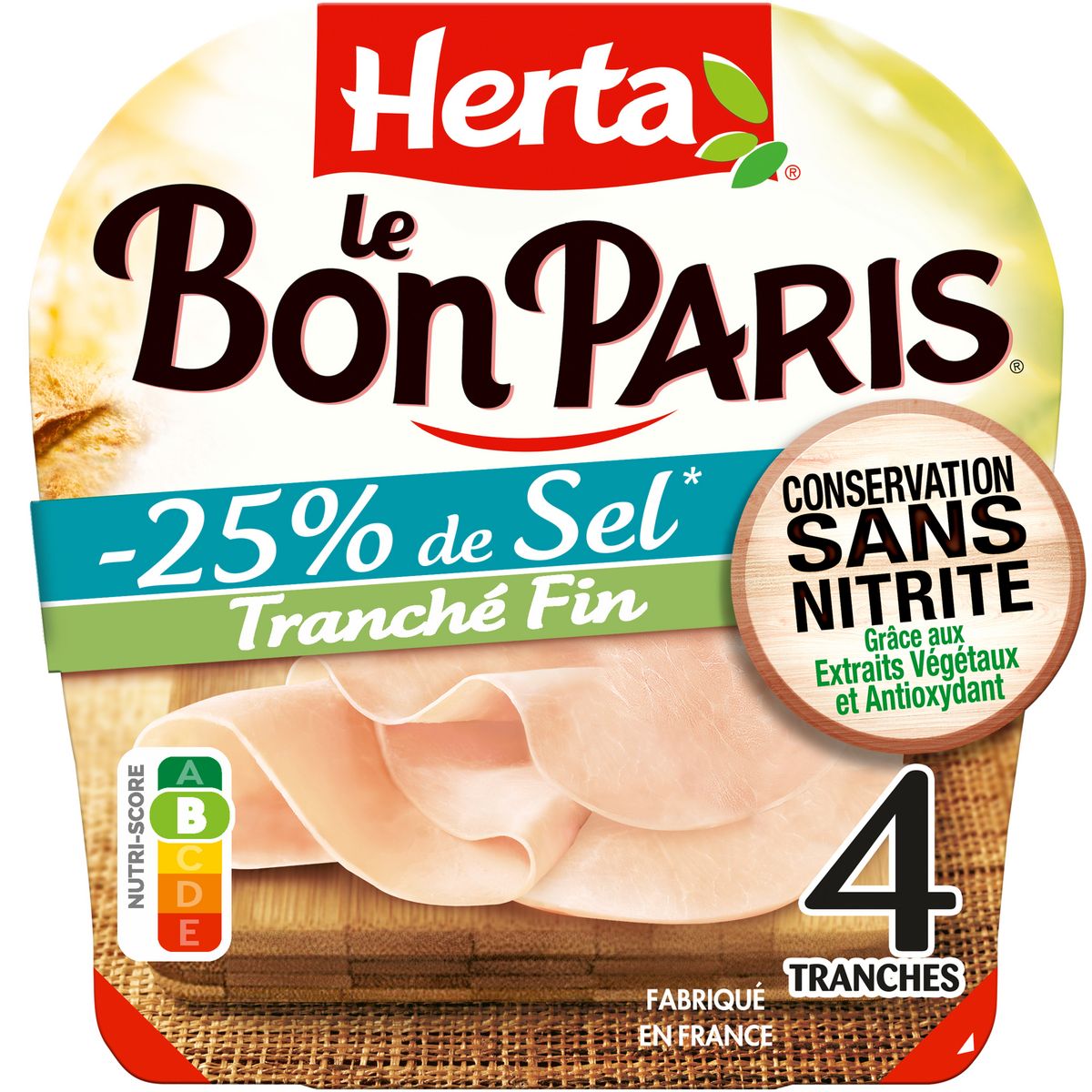 HERTA Le Bon Paris Jambon cuit tranché fin réduit en sel sans nitrite 4 tranches 120g