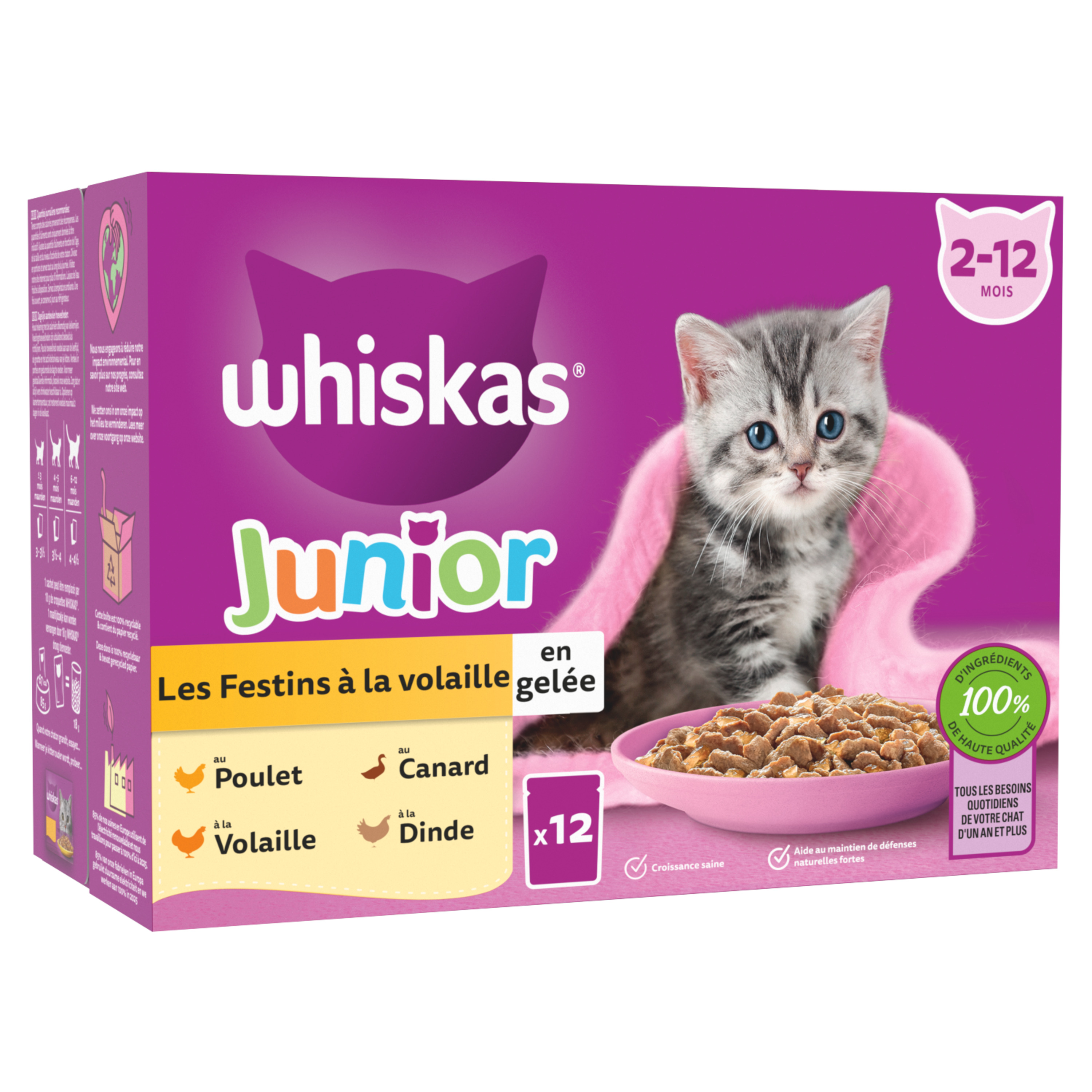 Pack de 12 Pâtées WHISKAS Junior Sélection de Volailles en gelée