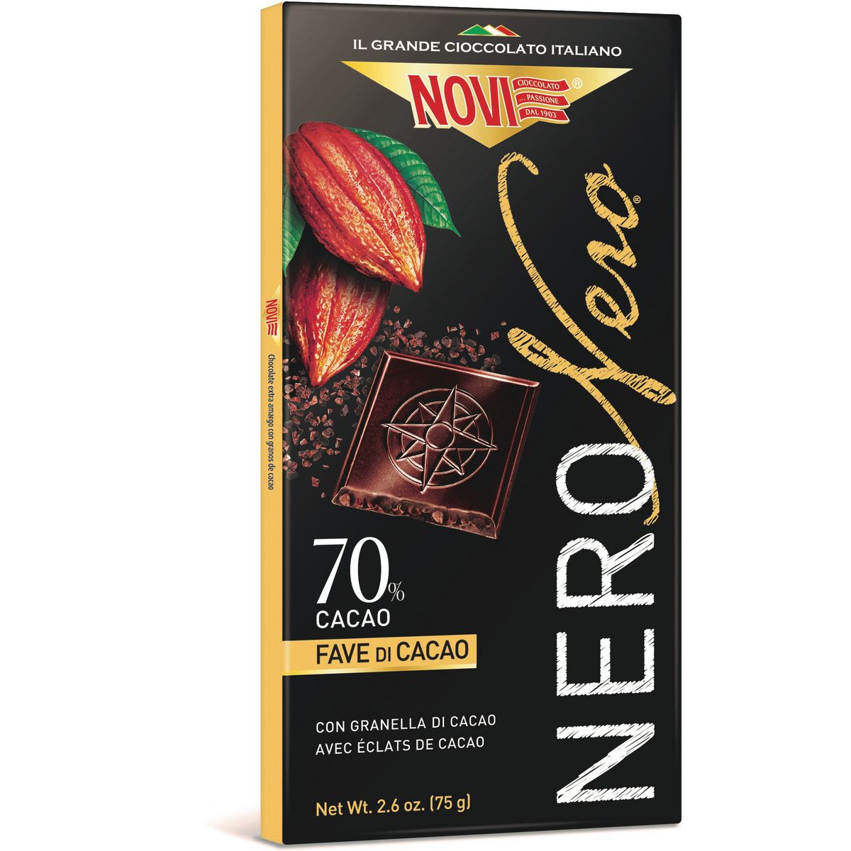 NOVI Tablette de chocolat noir dégustation éclats de cacao 70% 75g