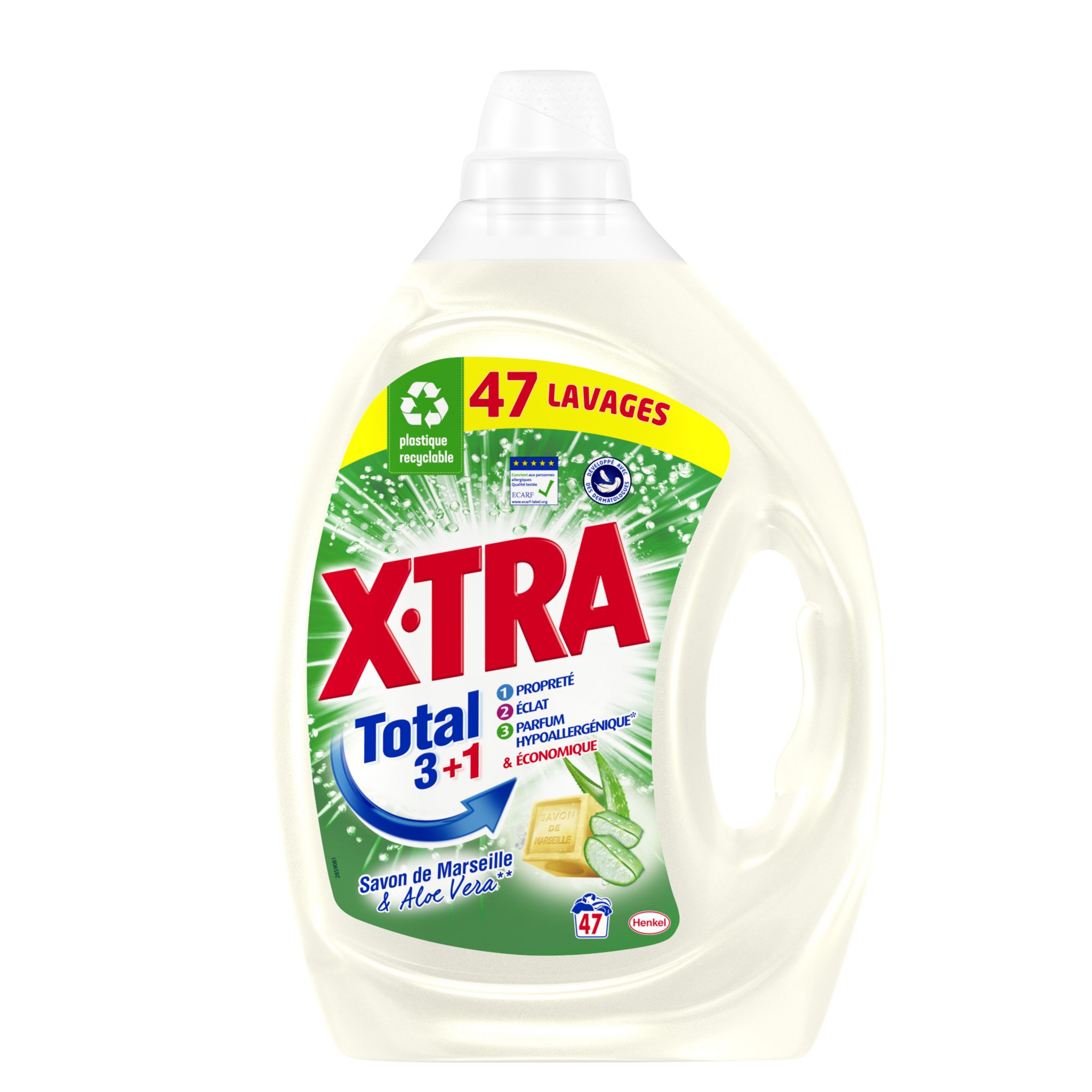 X-TRA Total 3+1 Lessive liquide au savon de Marseille et aloé vera