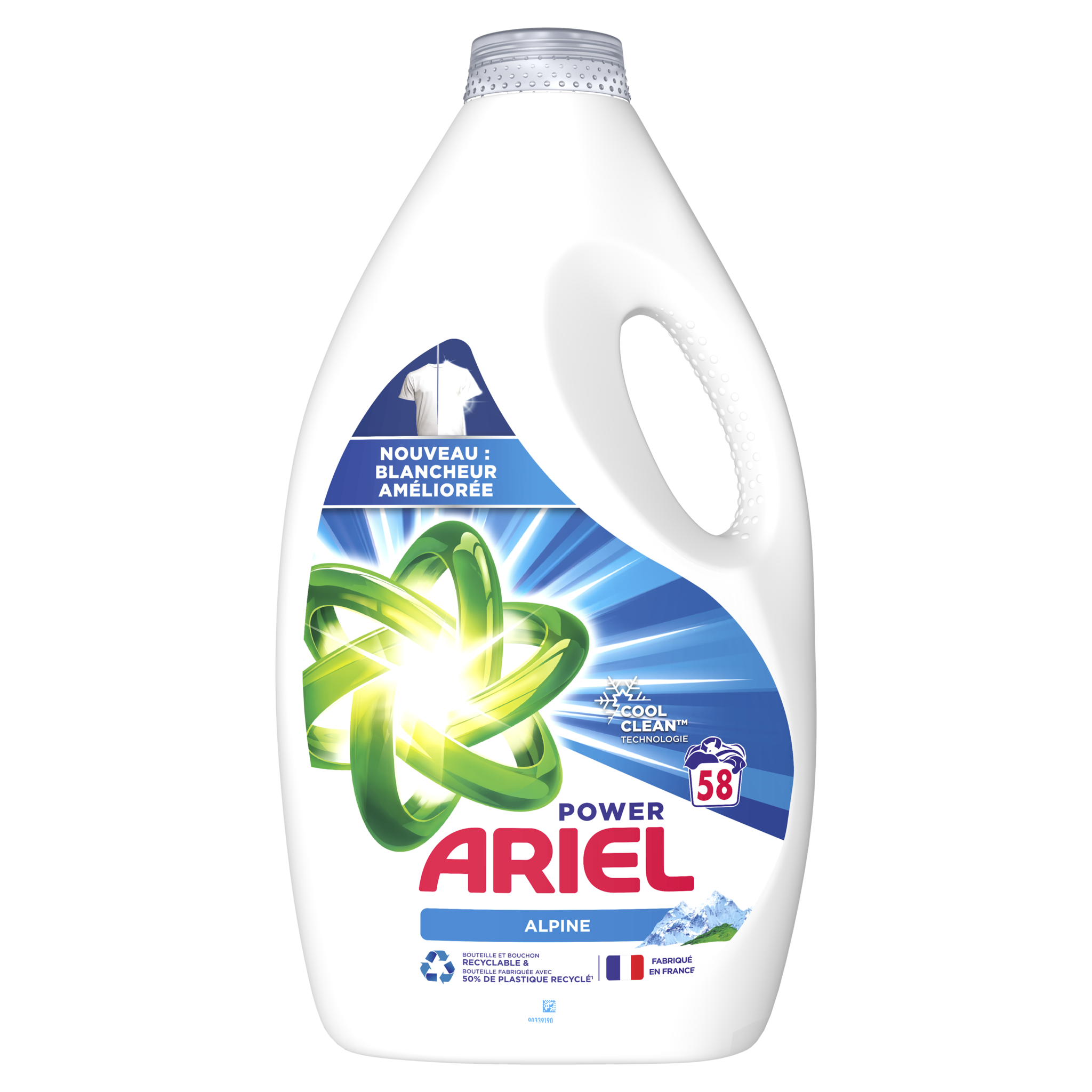 Ariel Lessive Liquide, 58 Lavages, Alpine, blancheur améliorée et lavage  impeccable en un lavage même à basse température : : Epicerie