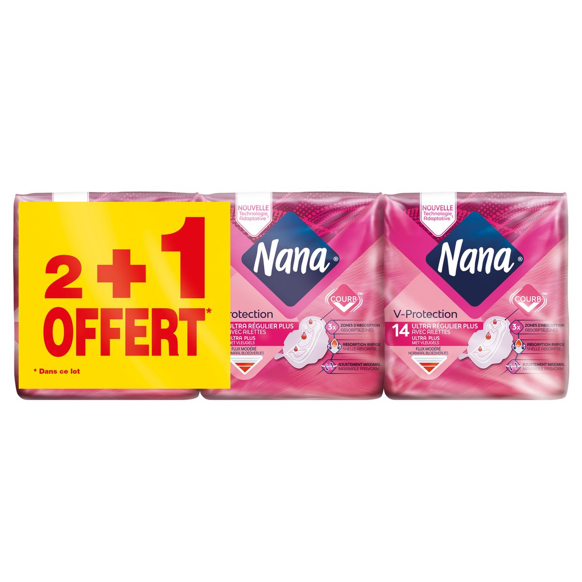 NANA Serviettes hygiéniques ultra régulier plus avec ailettes 2+1 offert 3x14 serviettes