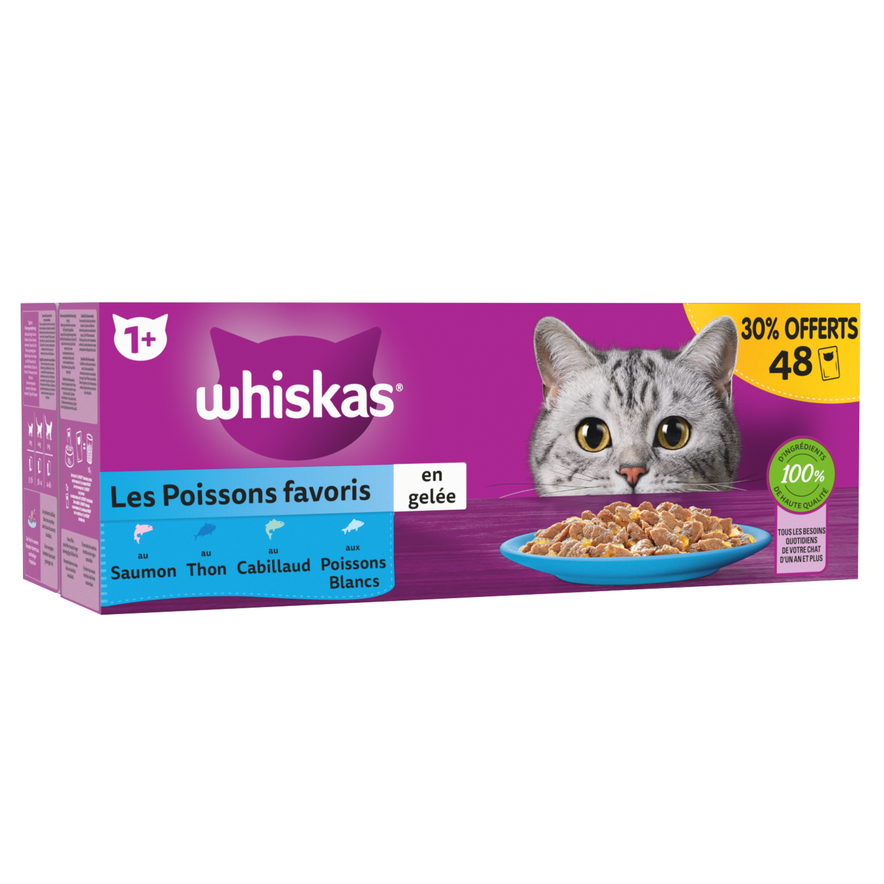 WHISKAS Sachets repas Les Poissons favoris en gelée pour chat Adulte 48  sachets 4.08kg pas cher - Auchan.fr