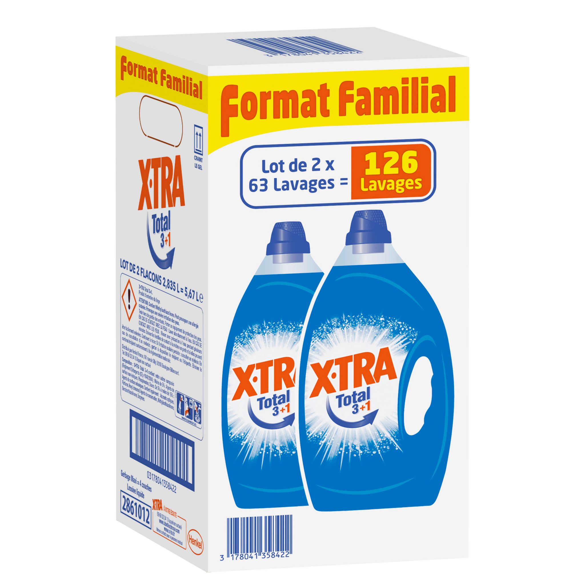 X-TRA Total 3+1 lessive liquide 85 lavages 3.825l pas cher 