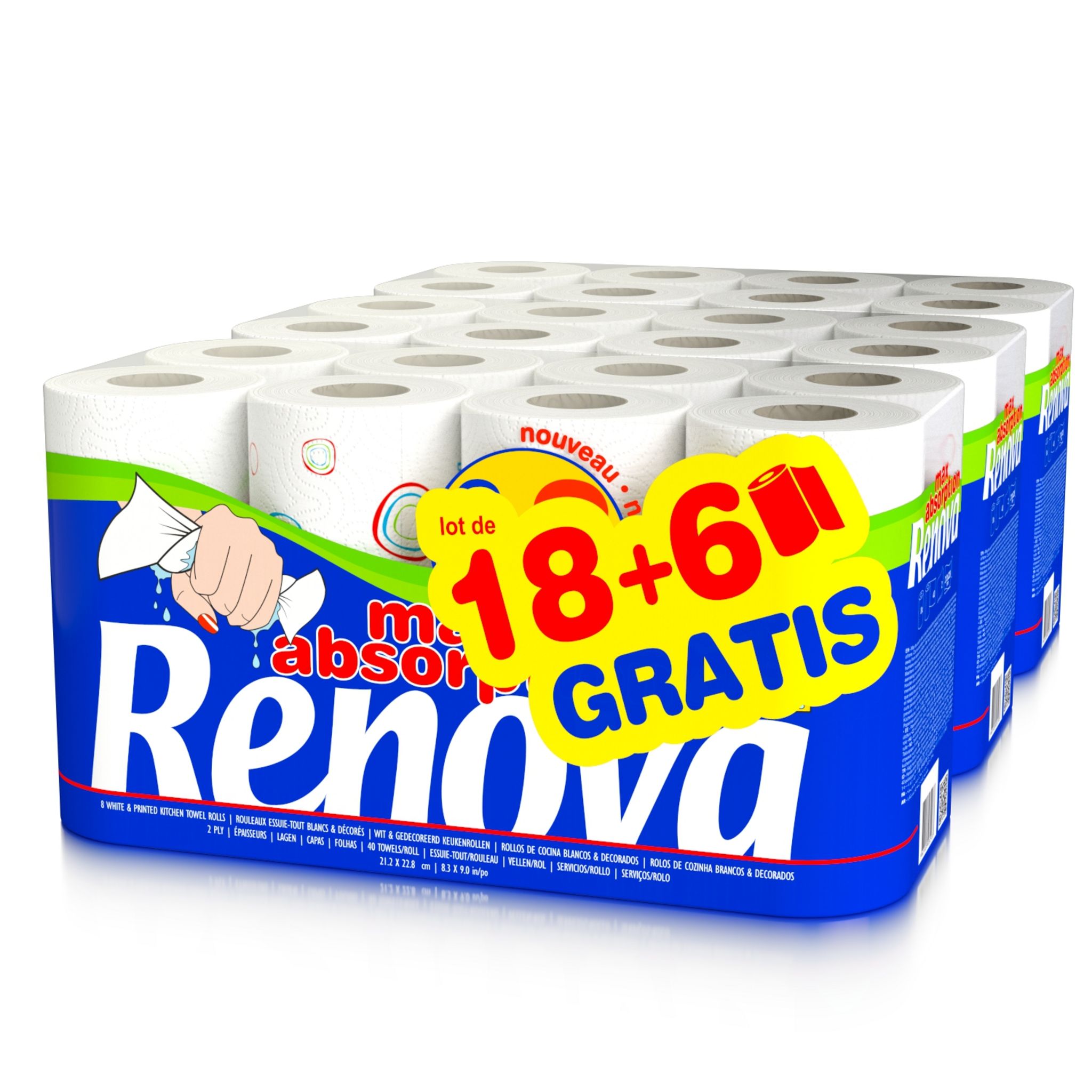 RENOVA Absorption Essuie-tout 2 plis blanc XXL 8 rouleaux =16 rouleaux :  : Epicerie