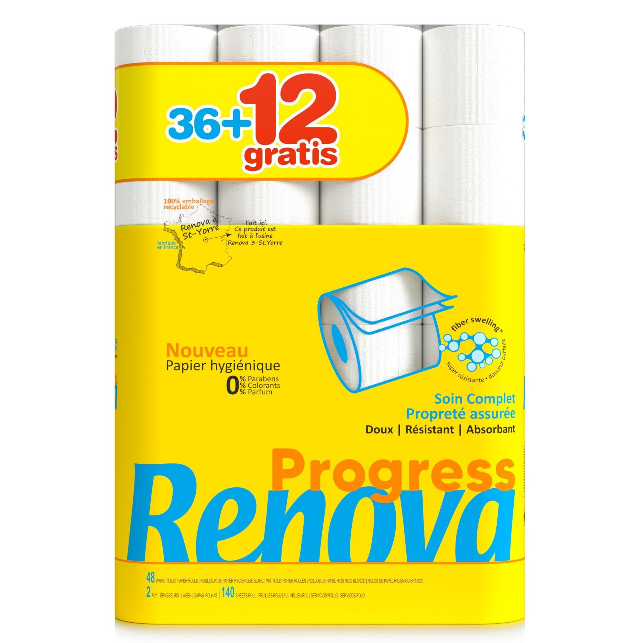 RENOVA Progess Papier hygiénique blanc 36+12 offerts 48 rouleaux