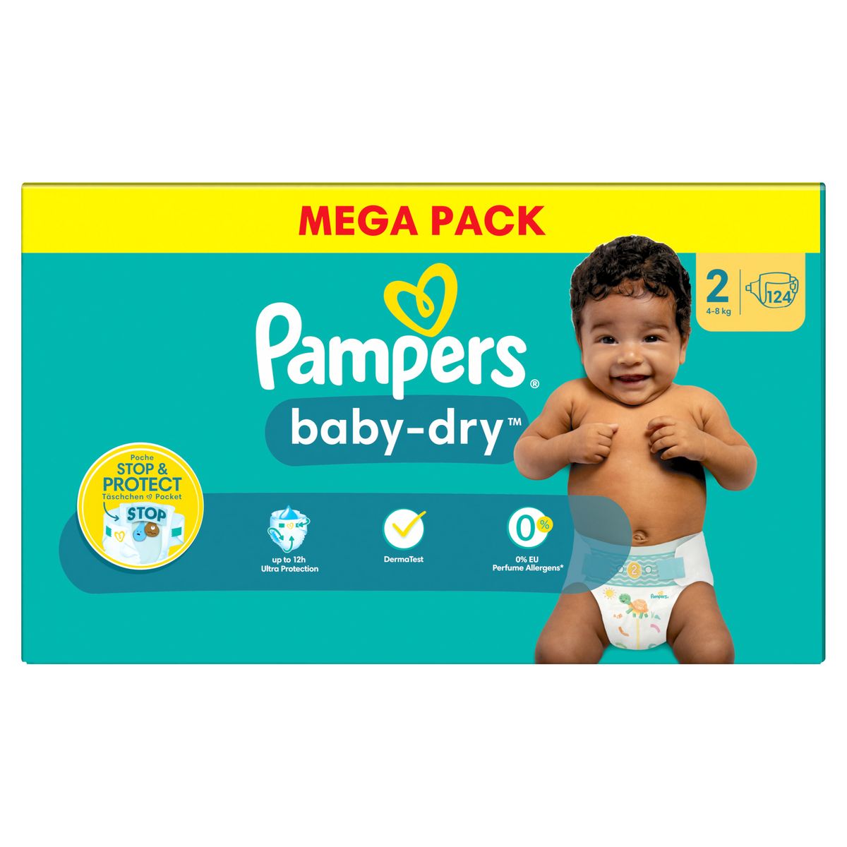 PAMPERS Baby-dry couches taille 2 (4-8kg) 124 couches pas cher