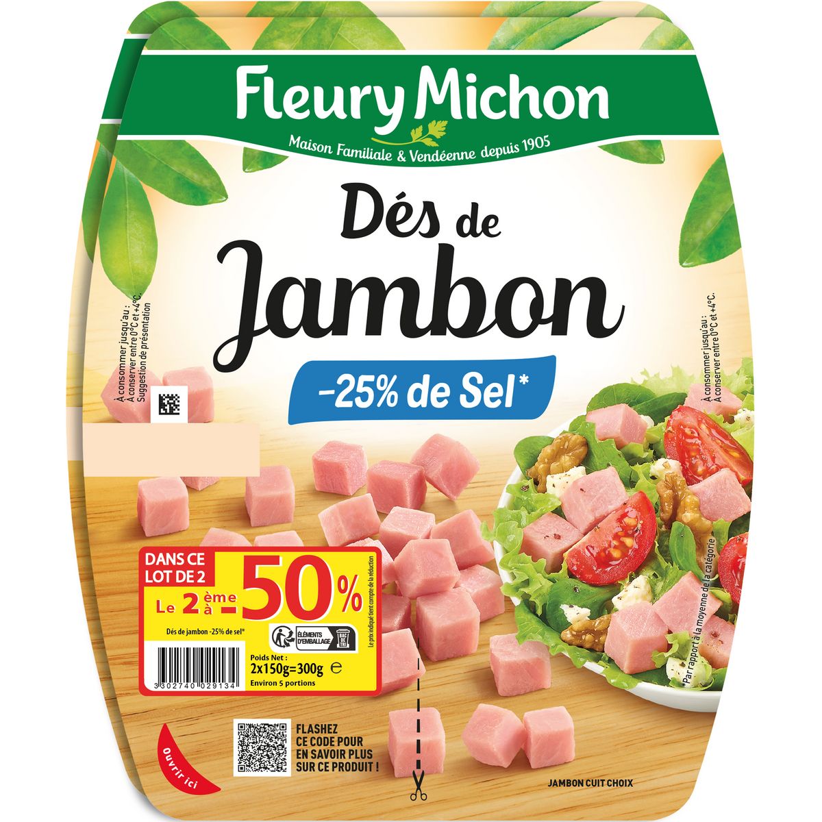 FLEURY MICHON Dés de jambon réduit en sel 4 portions 2x150g