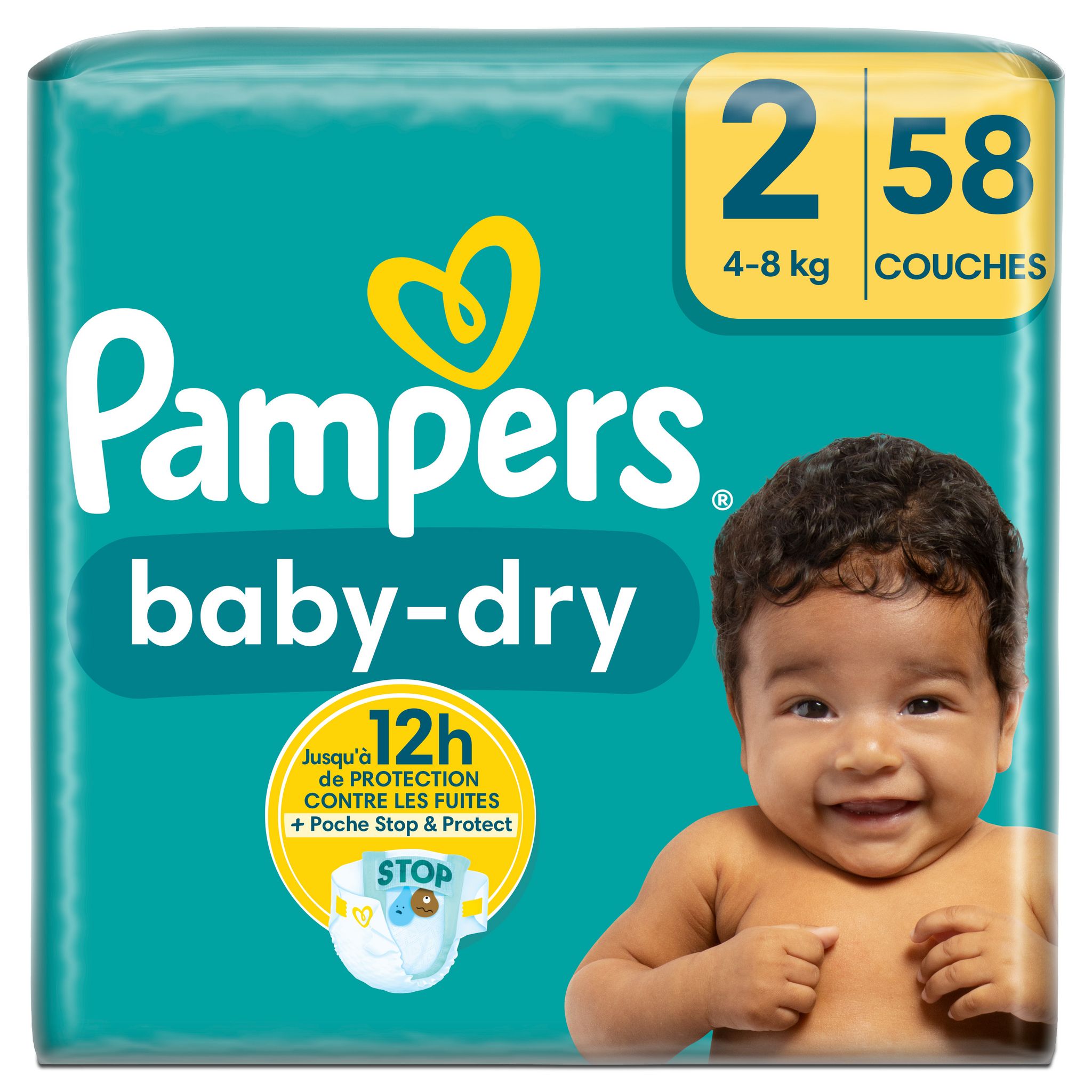 Pack 124 Couches PAMPERS BABY-DRY Taille 2 (4 à 8 KG) Bébé