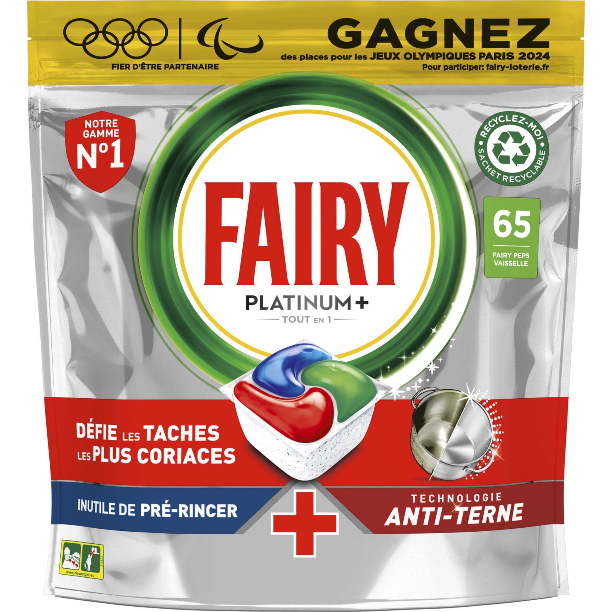 FAIRY Platinium + tablettes lave-vaisselles tout en 1 anti-terne 65 lavages  65 tablettes pas cher 