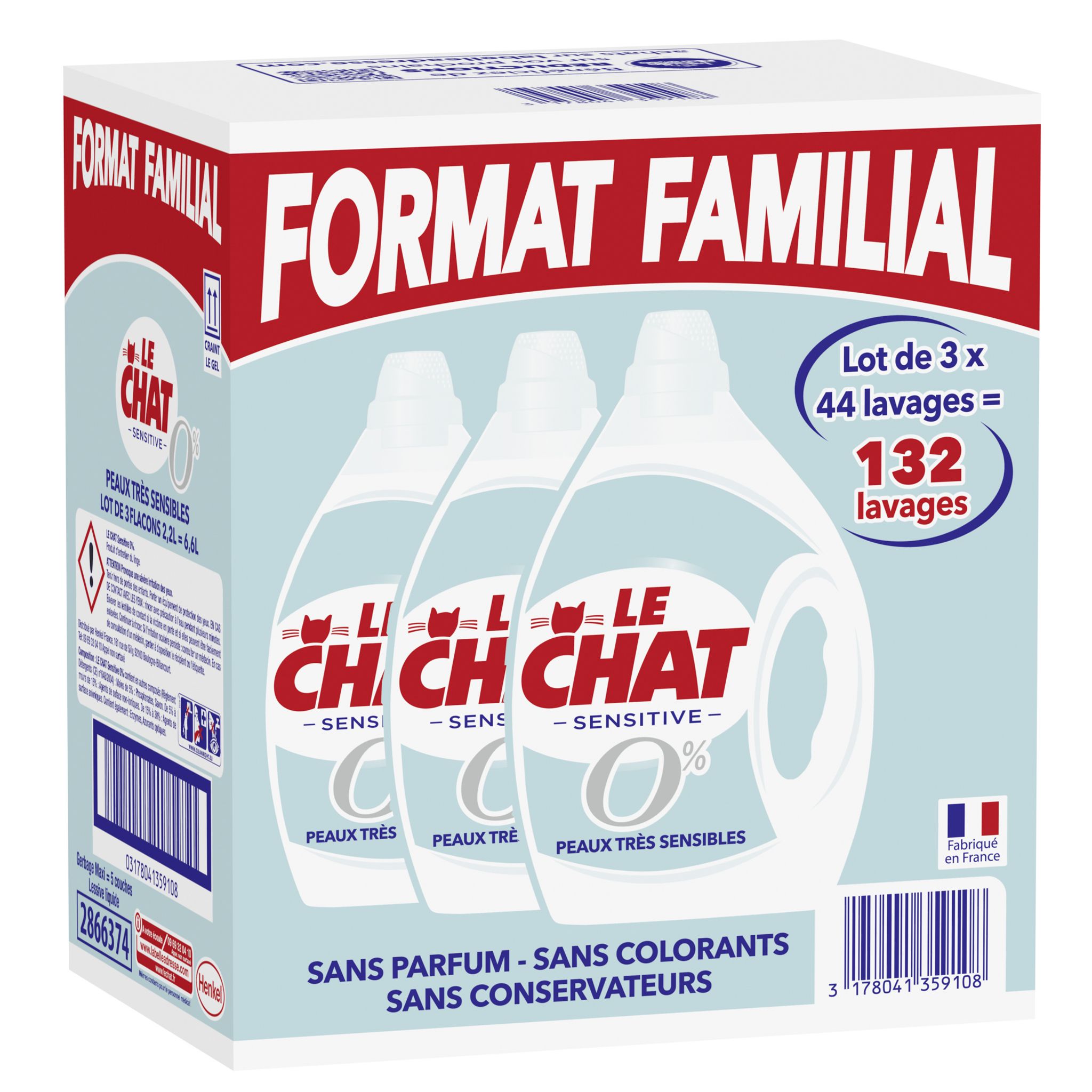 Le Chat Lessive Liquide Sensitive Jasmin - 4 x 1,7 L (136 Lavages)