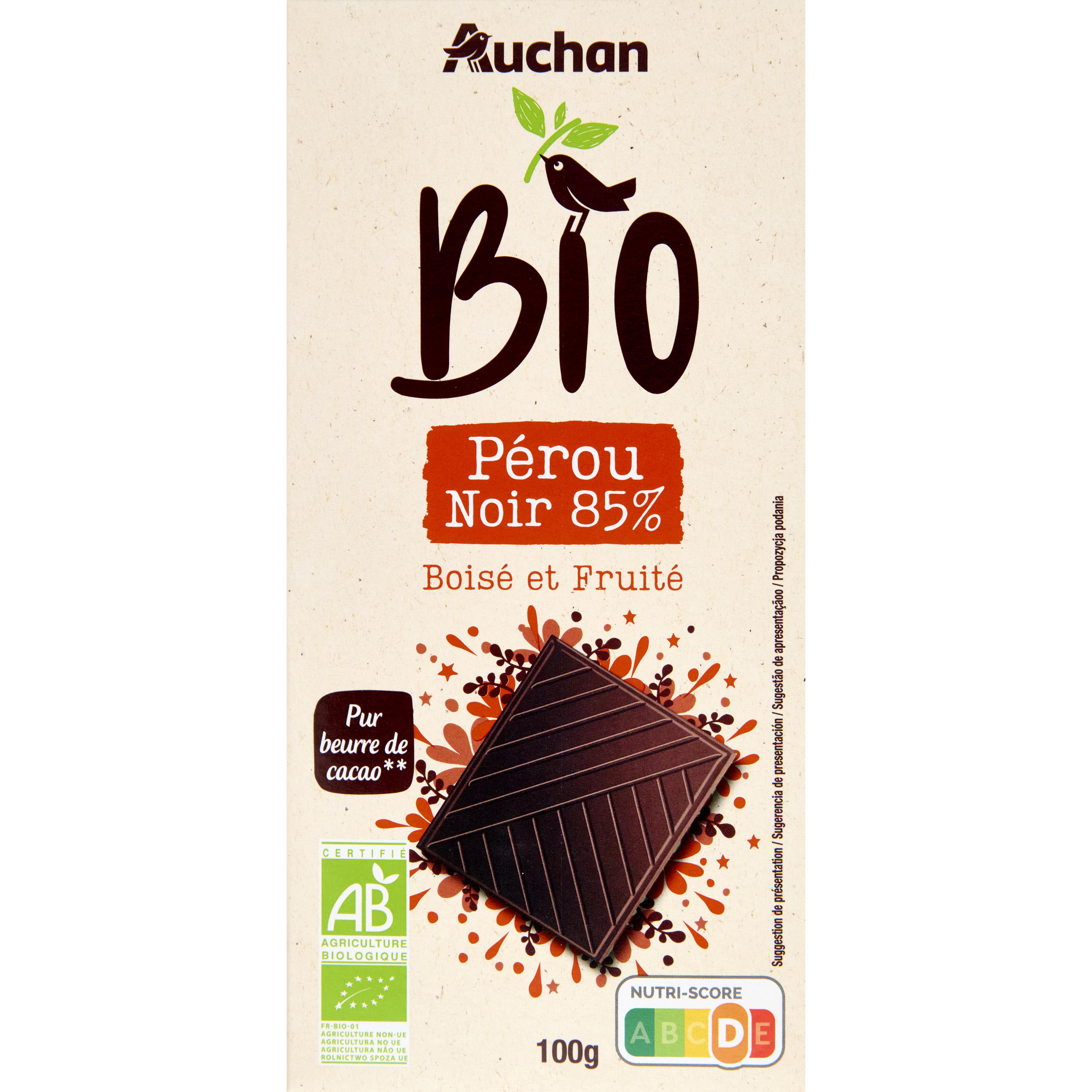 AUCHAN BIO Tablette de chocolat noir 85% 1 pièce 100g pas cher 