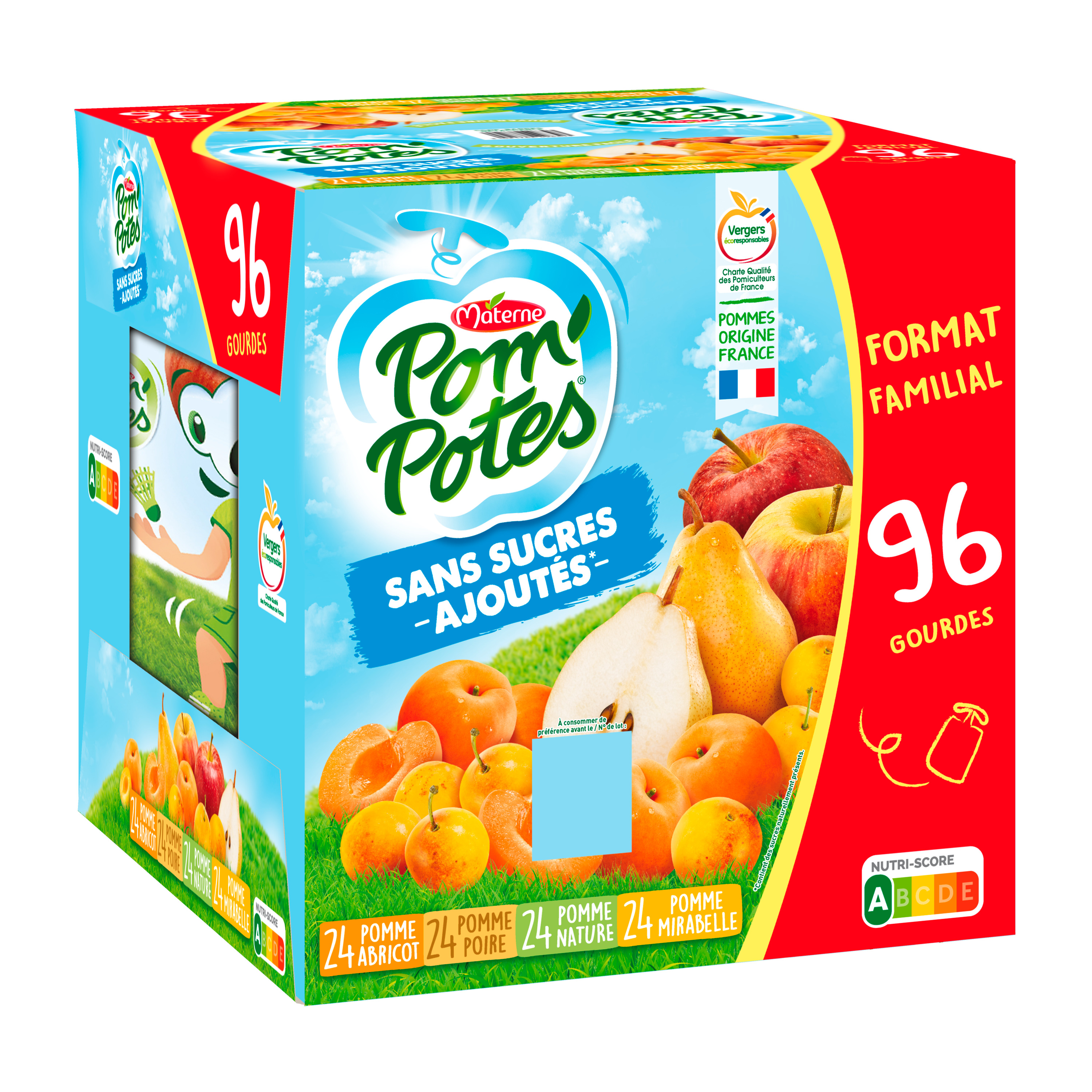 POM'POTES Compotes gourdes sans sucres ajoutés pomme nature et pomme  mirabelle cerise et banane 36 gourdes 36x90g pas cher 