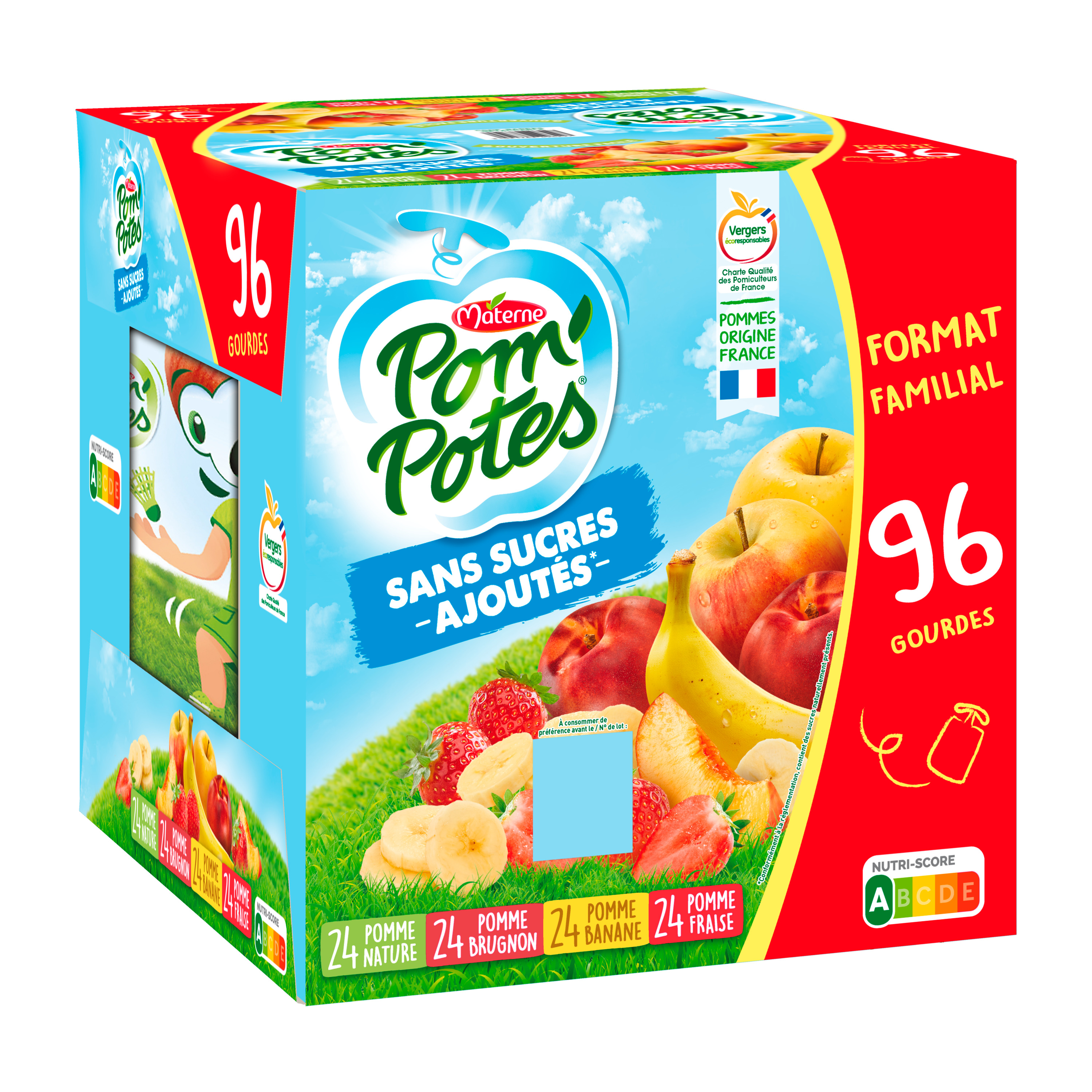 POM'POTES Gourde compote de pomme pomme fraise et pomme framboise sans  sucres ajoutés 64+32 offertes 96x90g pas cher 