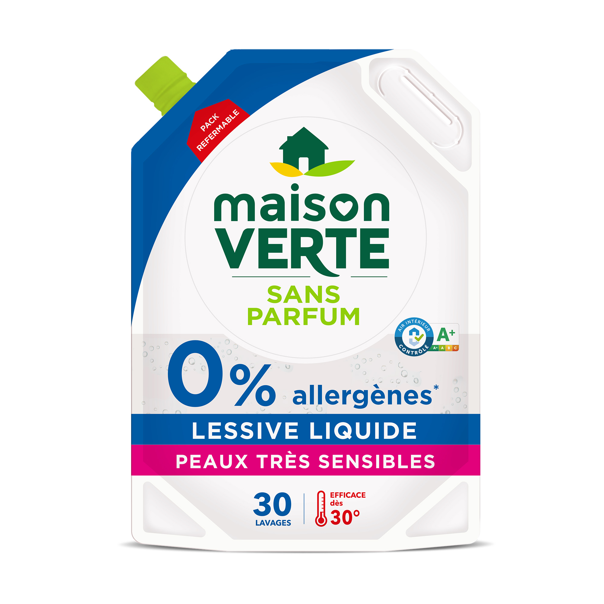 MAISON VERTE Recharge lessive liquide sans parfum pour peaux très sensibles  30 lavages 1.8l pas cher 