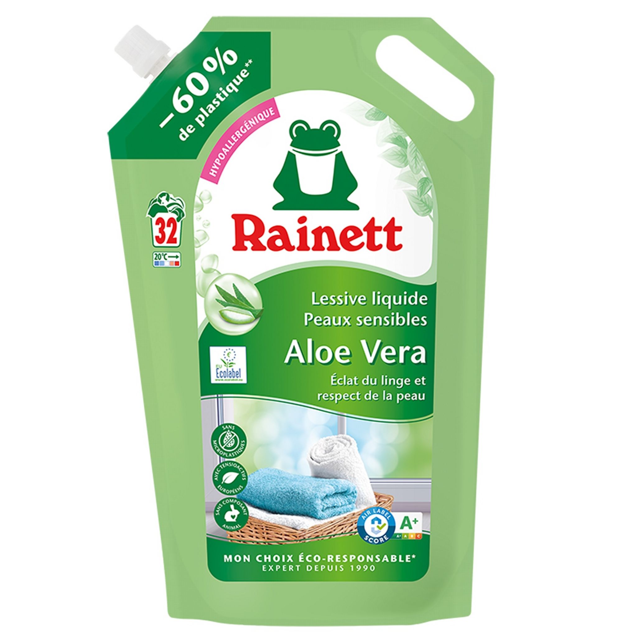 RAINETT Recharge lessive liquide peaux sensibles à l'Aloe Vera 32 lavages  1.6l pas cher 