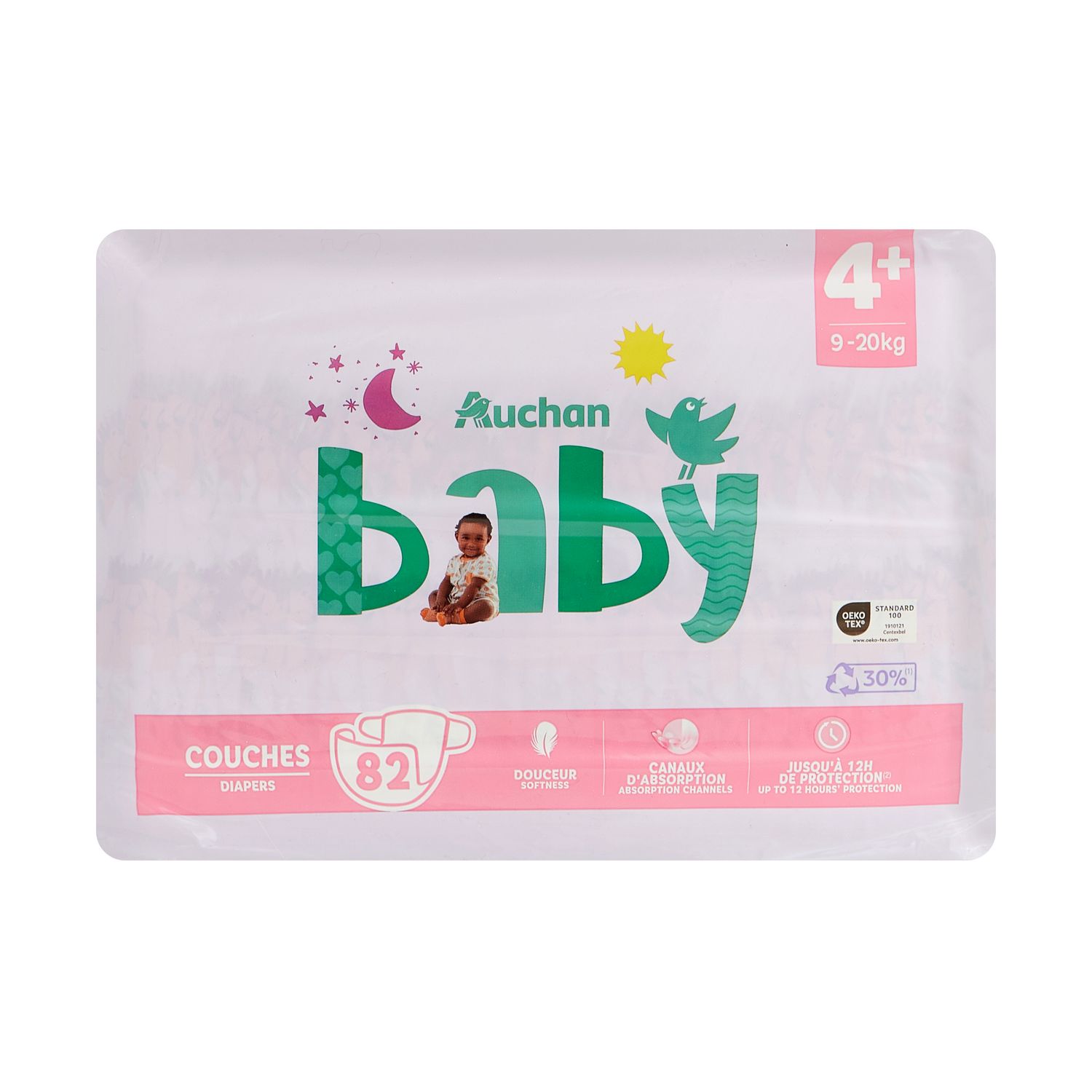 AUCHAN BABY Couches taille 4+ (9-20kg) 82 couches pas cher 