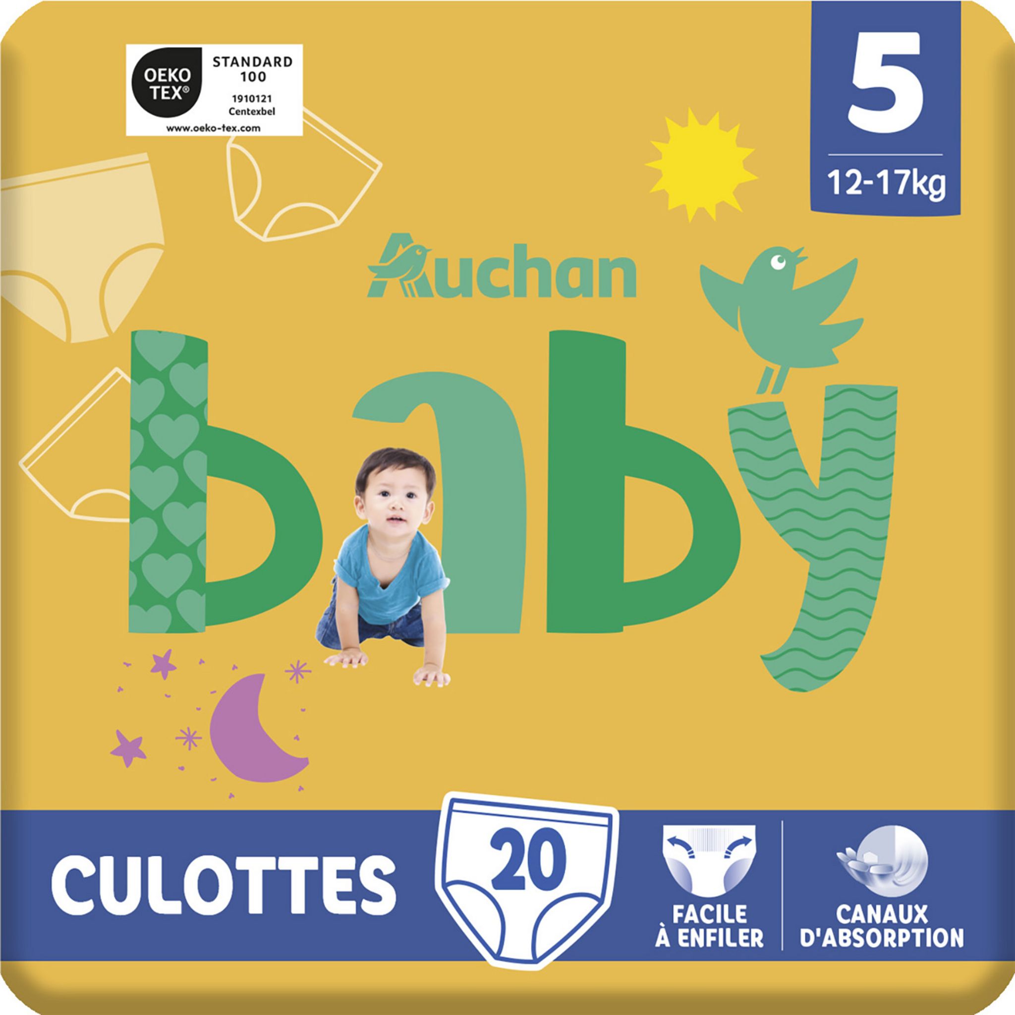 AUCHAN BABY Evolution couches-culottes taille 5 (12-18kg) 20 couches pas  cher 