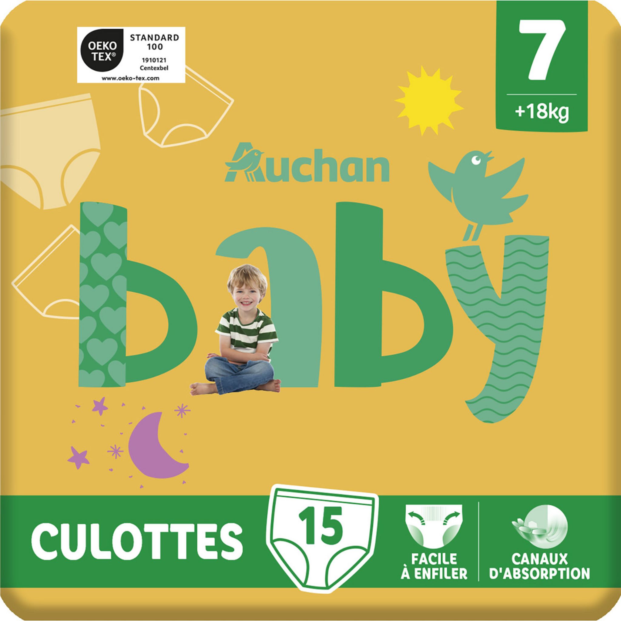 AUCHAN BABY Culotte pour bébé taille 7 (+18kg) 15 pièces pas cher 