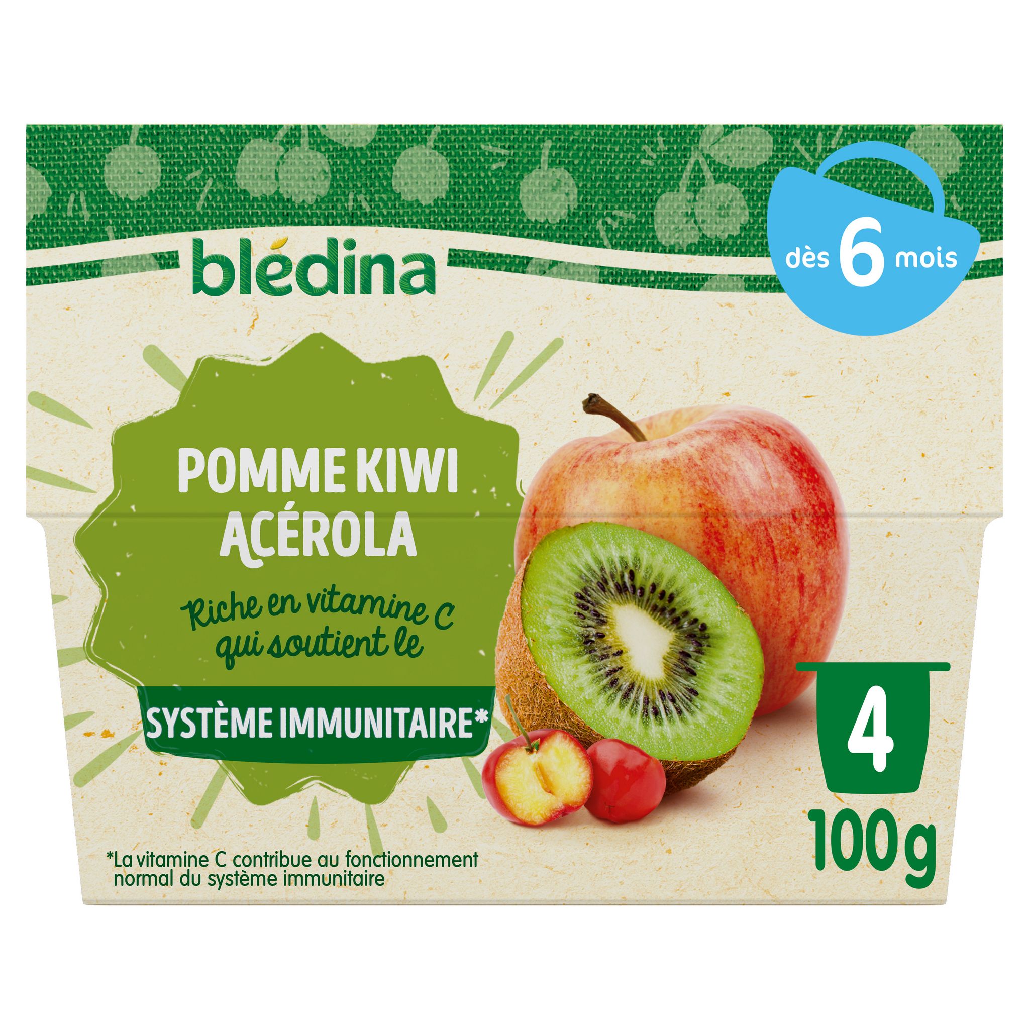 BLEDINA - COMPOTE BEBE POMME KIWI ANANAS DES 8 MOIS 4 Pots de 100g -  Goûters et Desserts/Goûters et Desserts dès 8 mois 