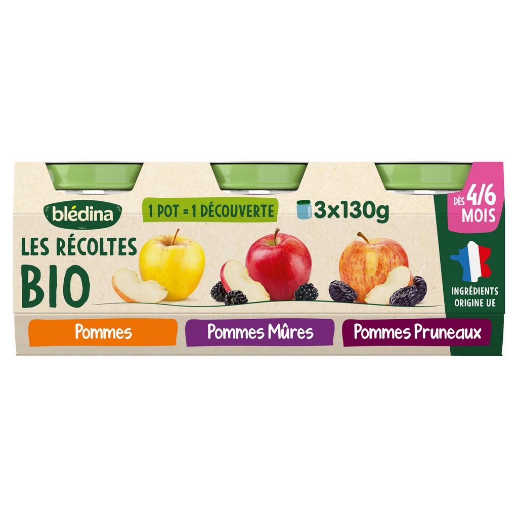 Blédina les récoltes bio pots pommes pruneaux 2x130g