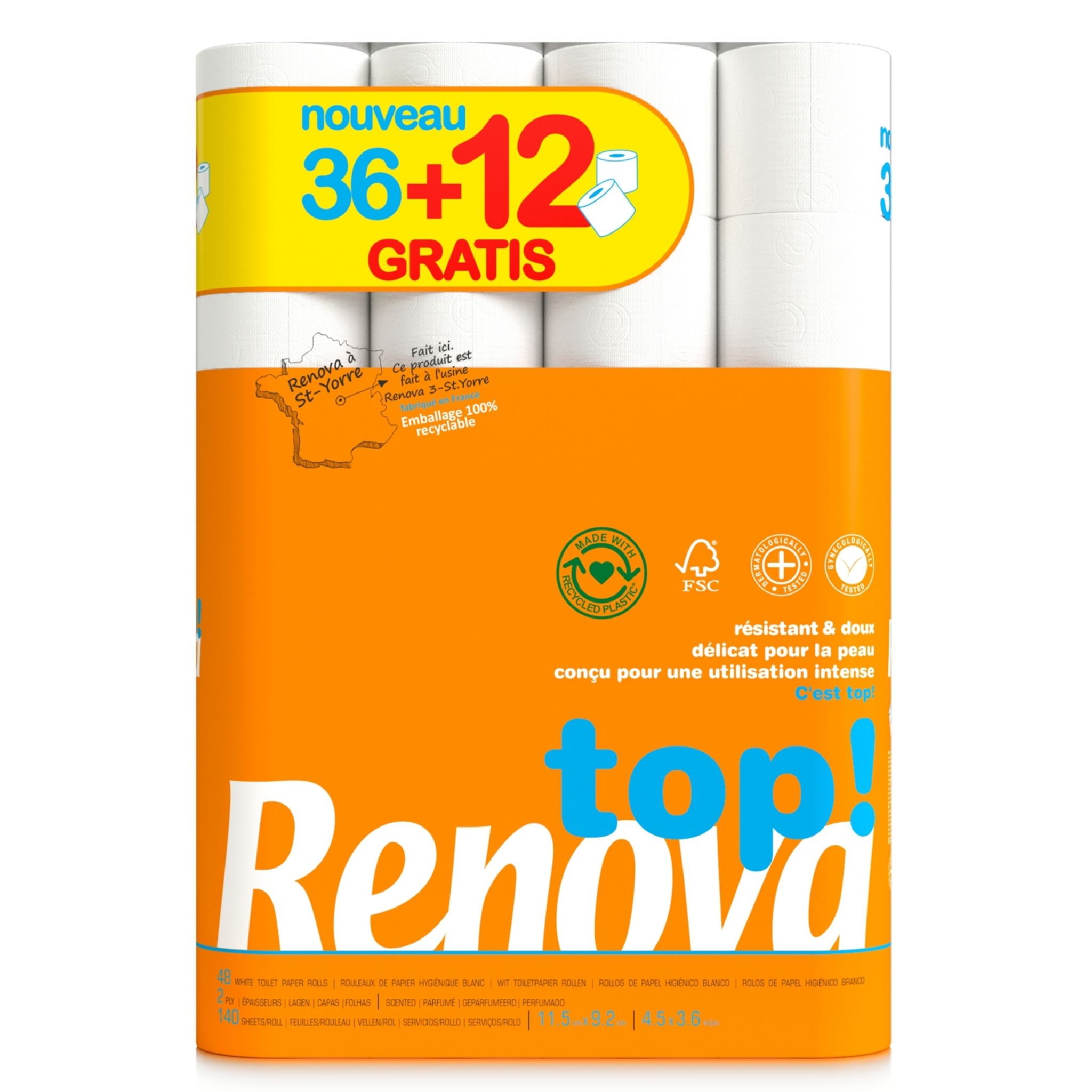 RENOVA Papier toilette blanc résistant et doux 36 rouleaux +12