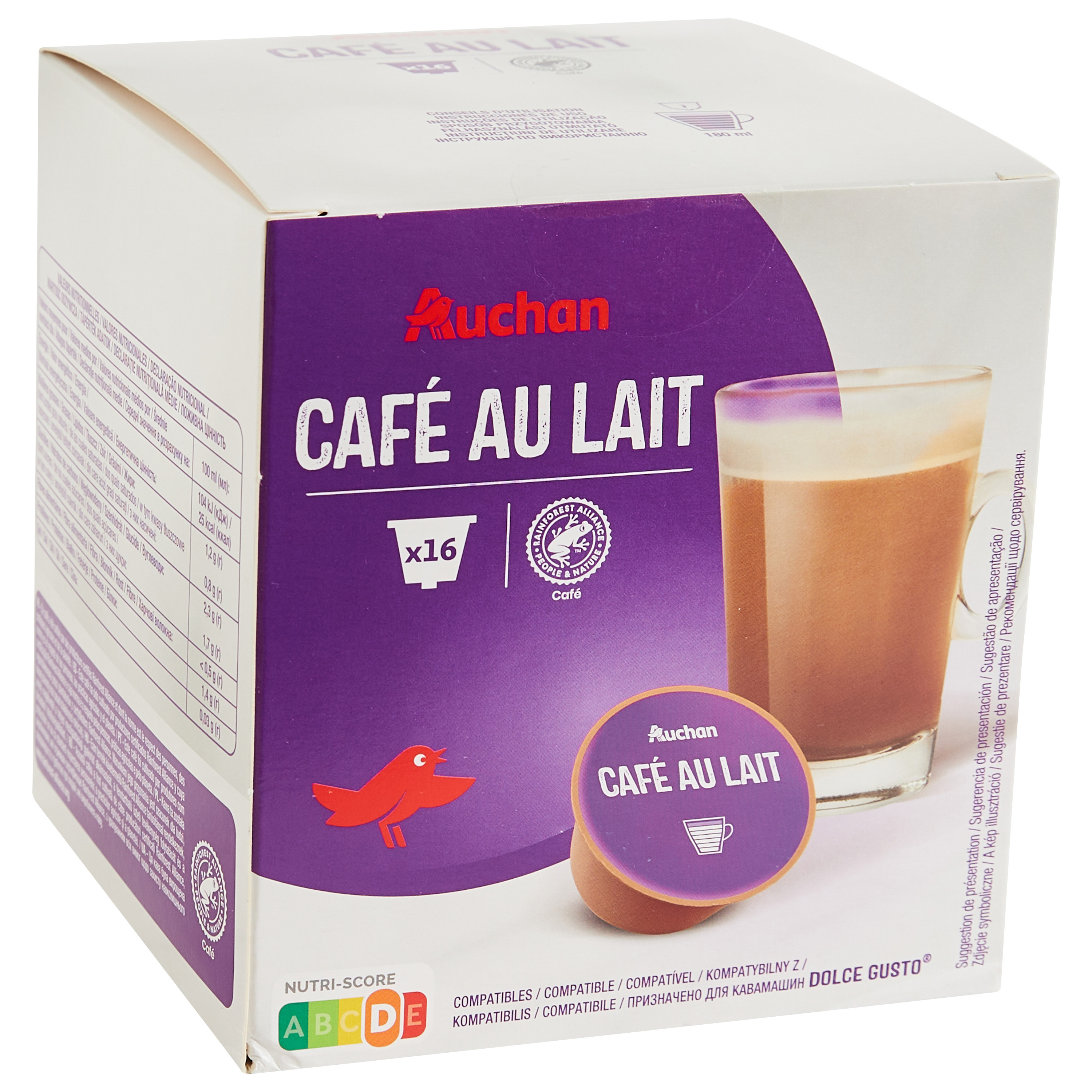 AUCHAN Capsules café au lait compatible Dolce Gusto 16 capsules