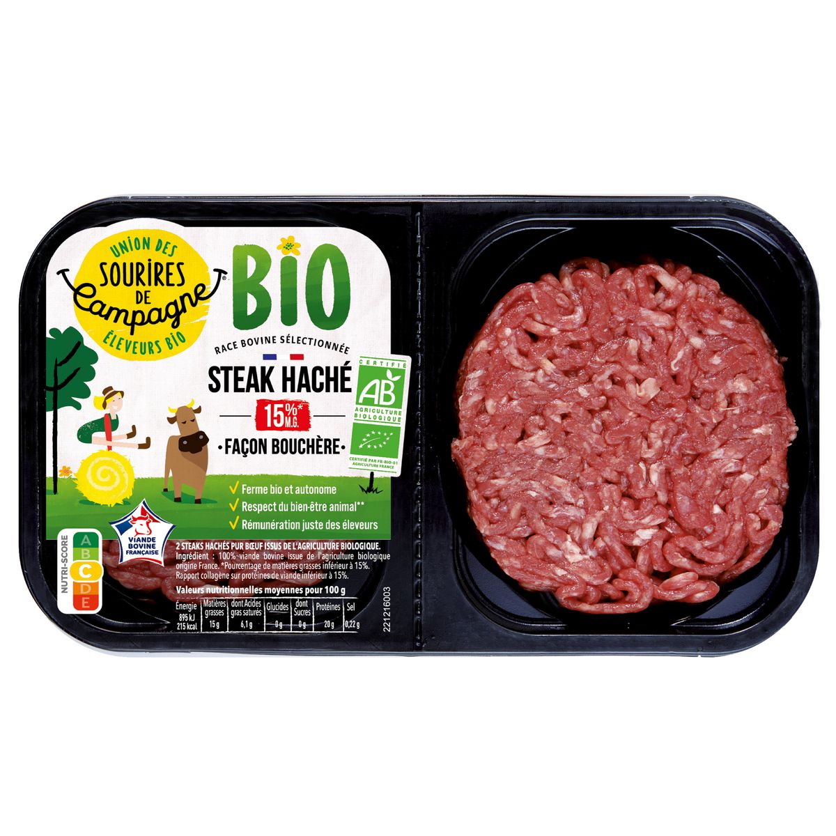 SOURIRE DE CAMPAGNE Steak haché 15% MG bio 2x100g