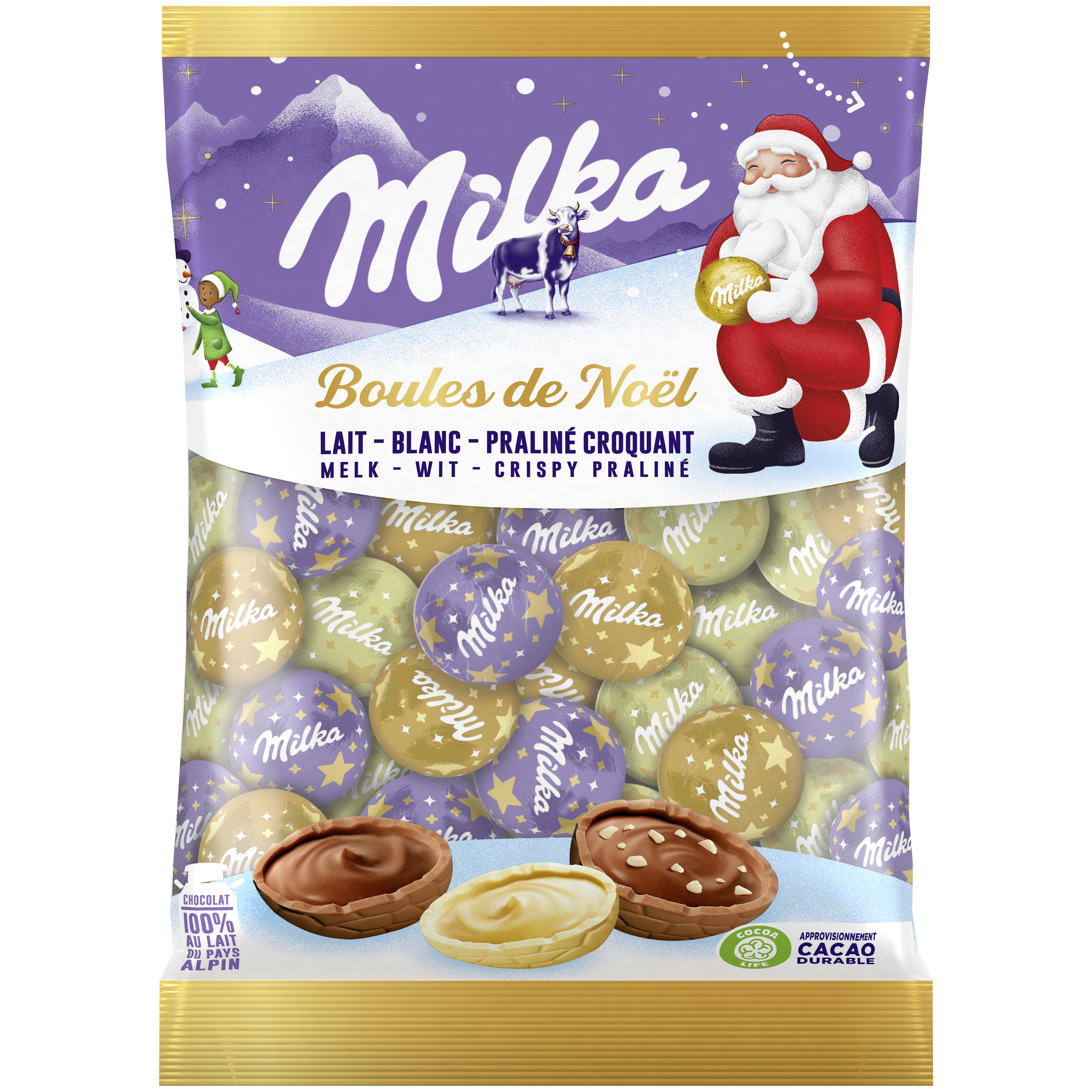 MILKA Boules de Noël chocolat au lait, blanc ou praliné croquant