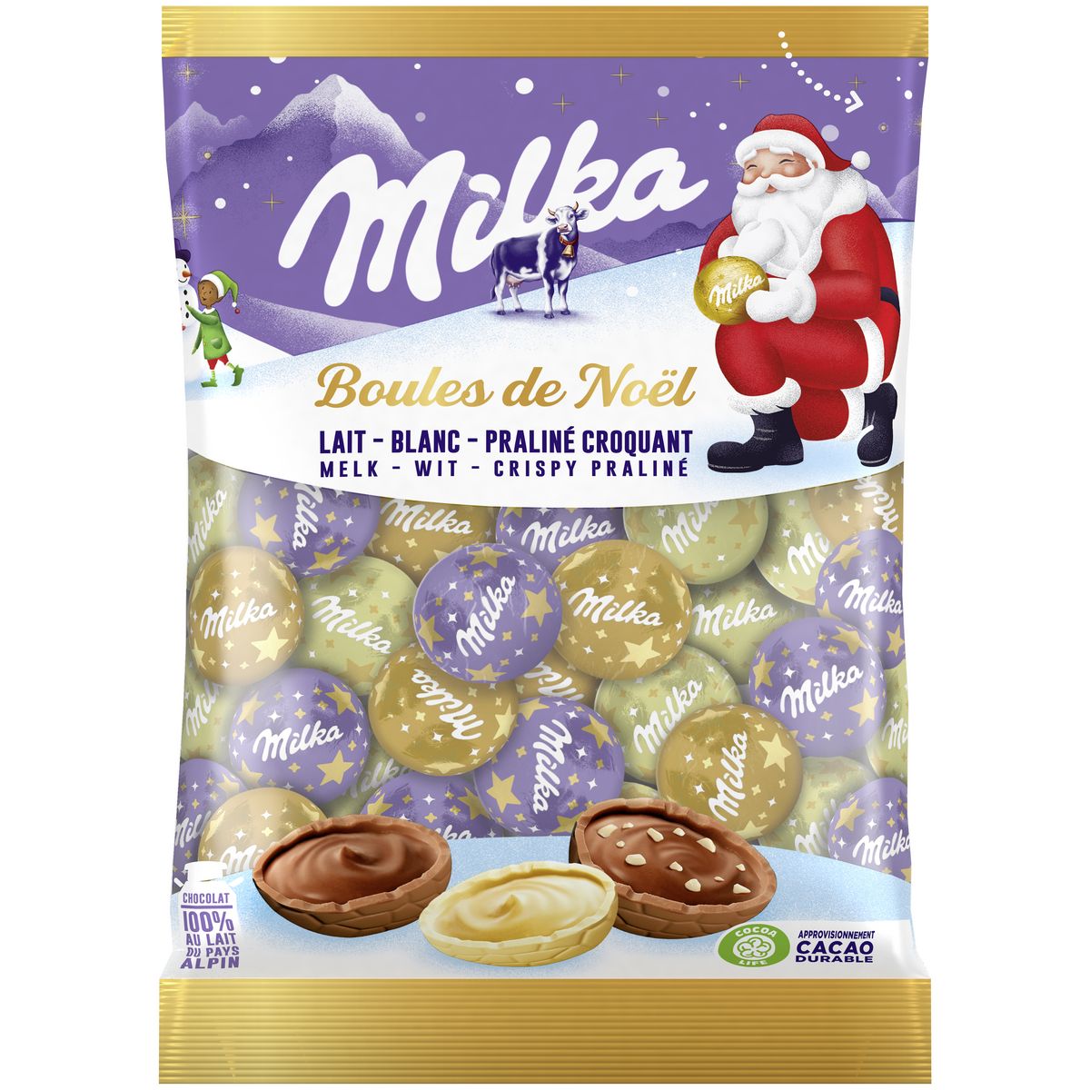 MILKA Boules de Noël chocolat au lait, blanc ou praliné croquant 350g pas  cher 