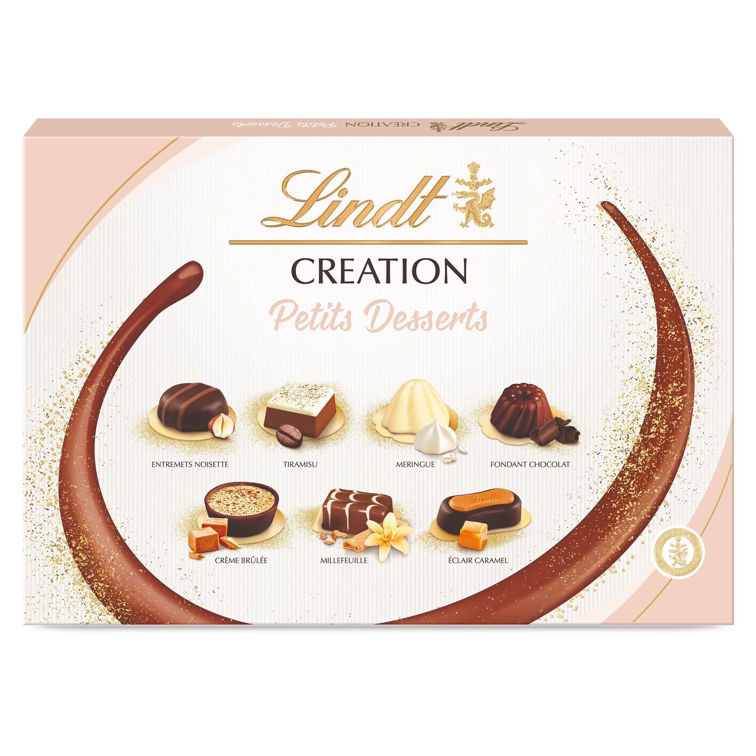 LINDT Création Petit Dessert assortiment de bouchées au chocolat au lait,  noir et blanc 41 bouchées 413g pas cher 