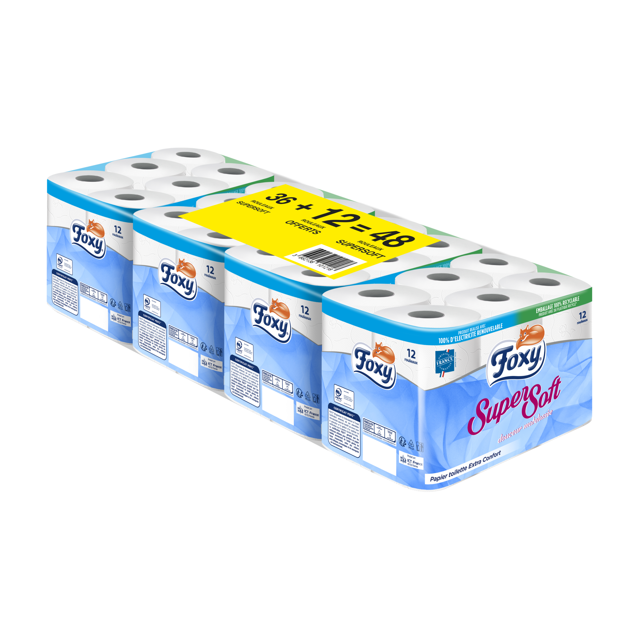 FOXY Papier toilette blanc extra confort 36 rouleaux +12 offerts pas cher 