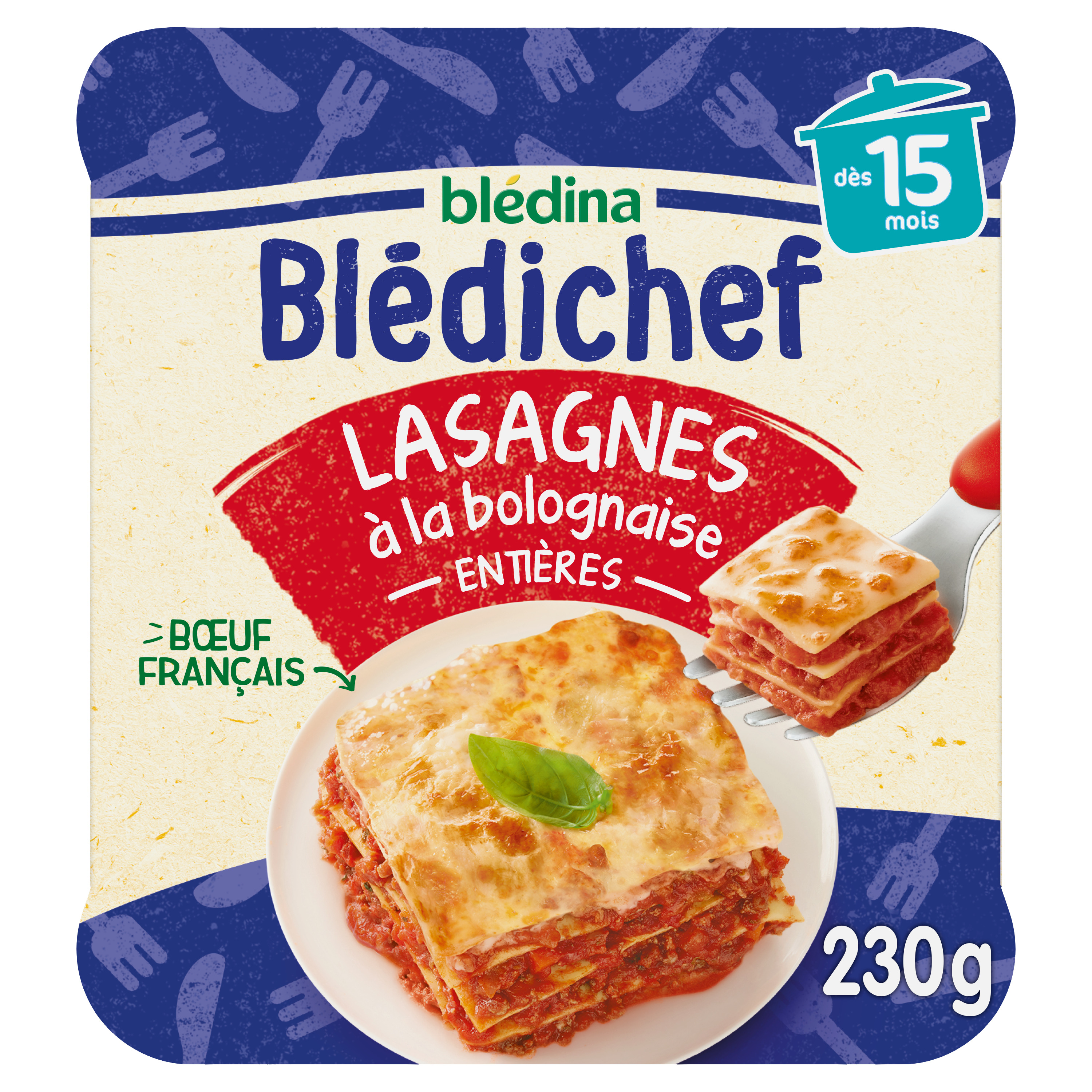 BLEDINA Blédichef assiette lasagnes à la bolognaise entières dès 15 mois  230g pas cher 